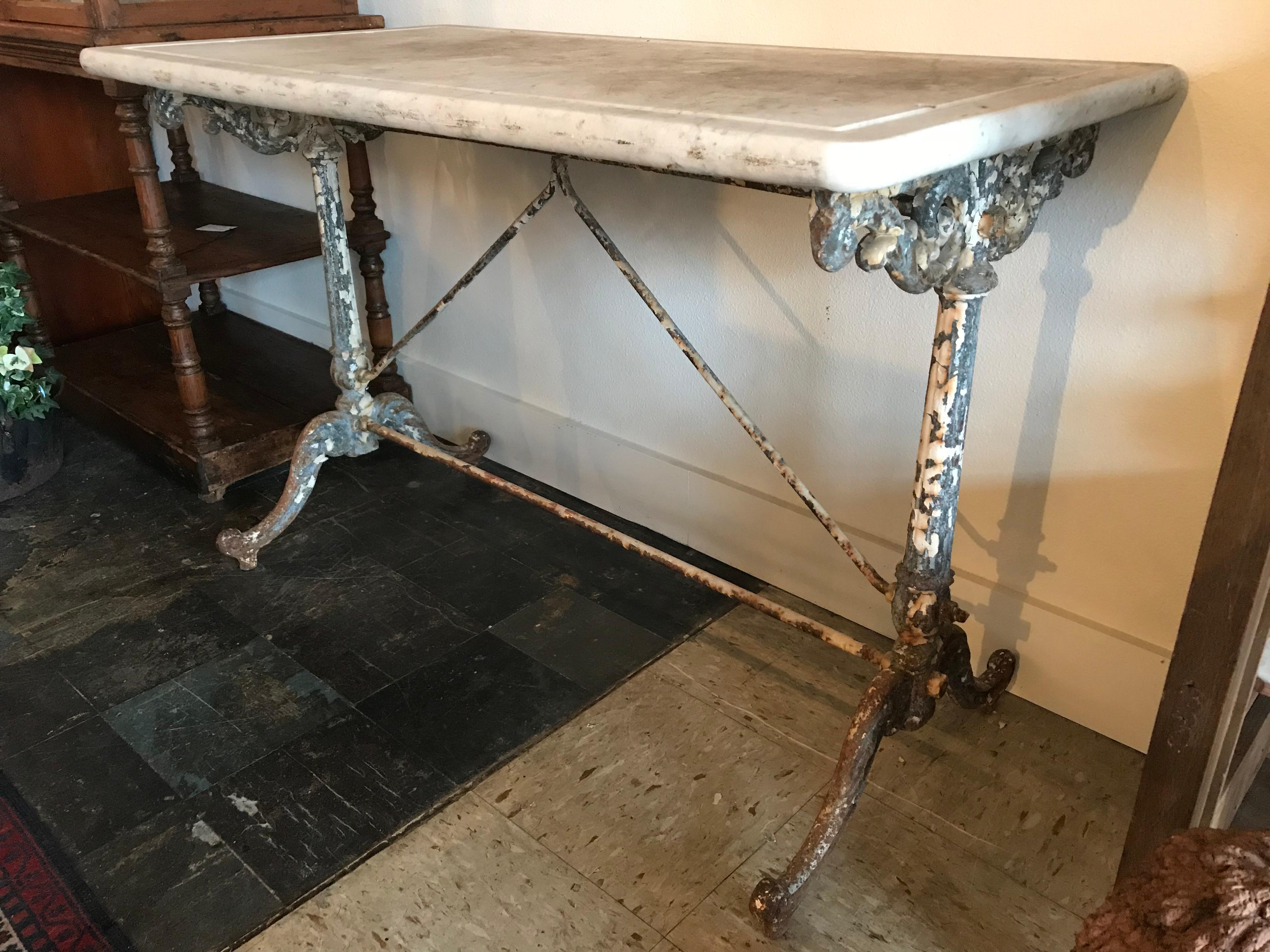 19th Century French Wrought Iron Garden Table with Original Marble Top 2