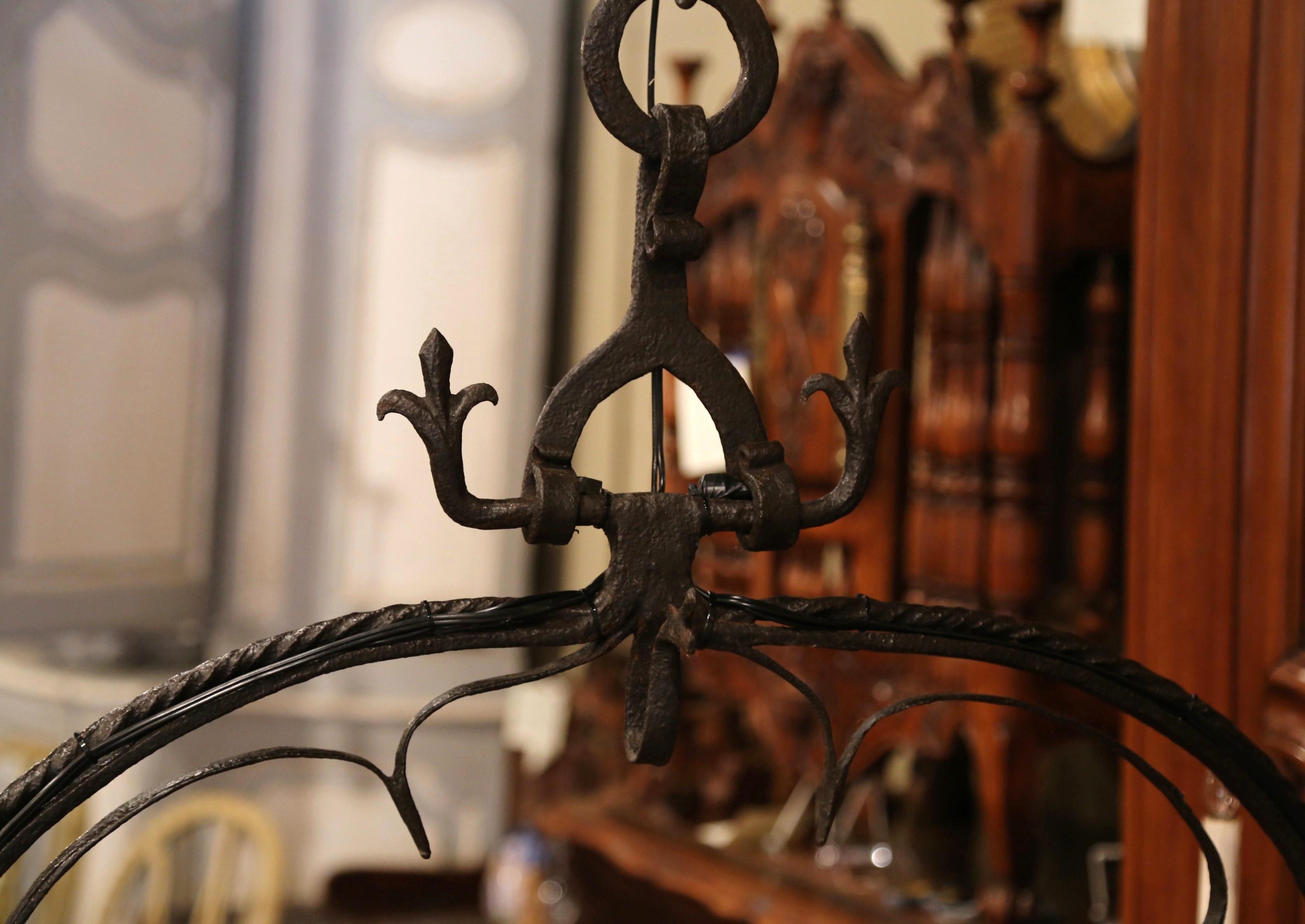 19th Century French Wrought Iron Island Six-Light Chandelier with Fleur-de-Lys 5