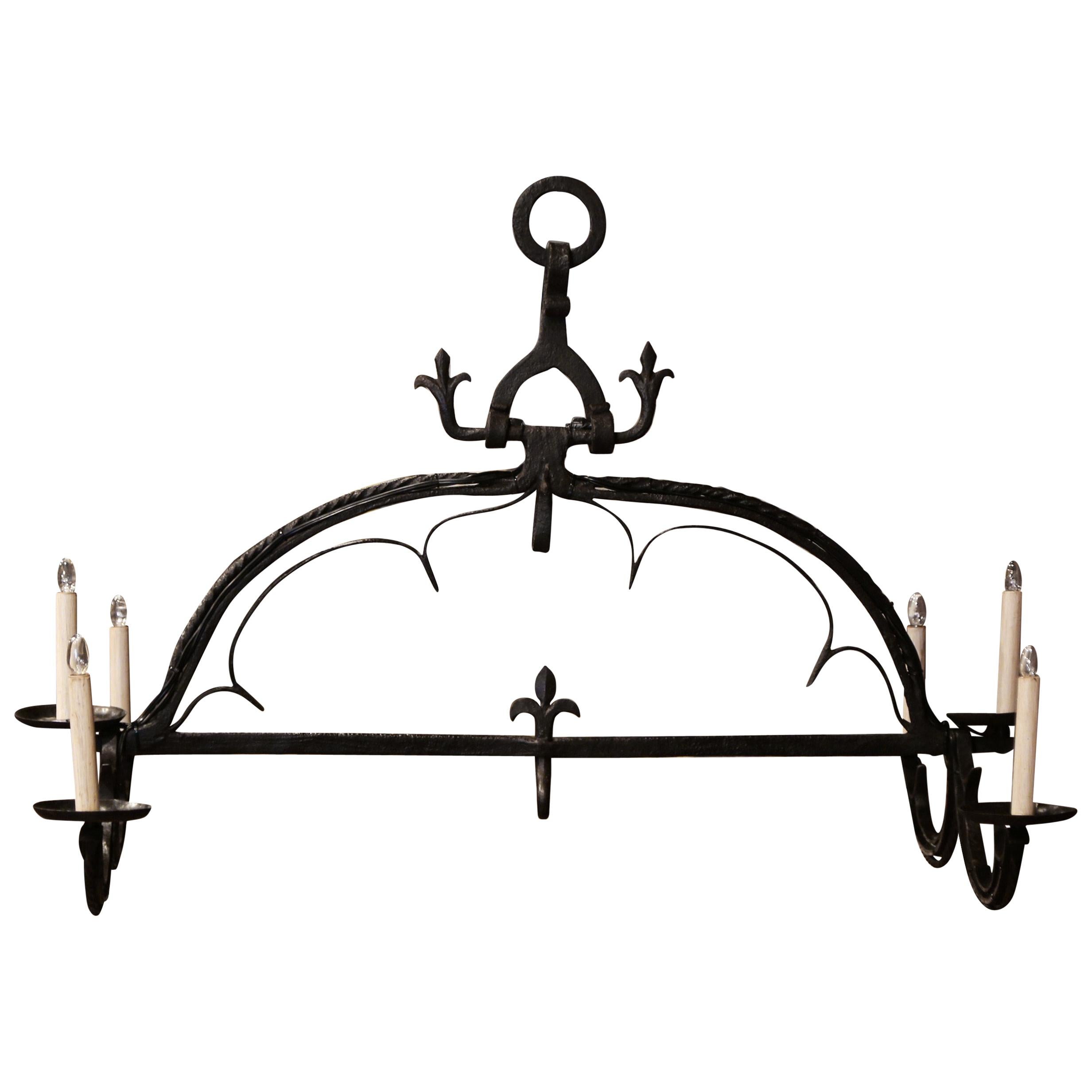 19th Century French Wrought Iron Island Six-Light Chandelier with Fleur-de-Lys