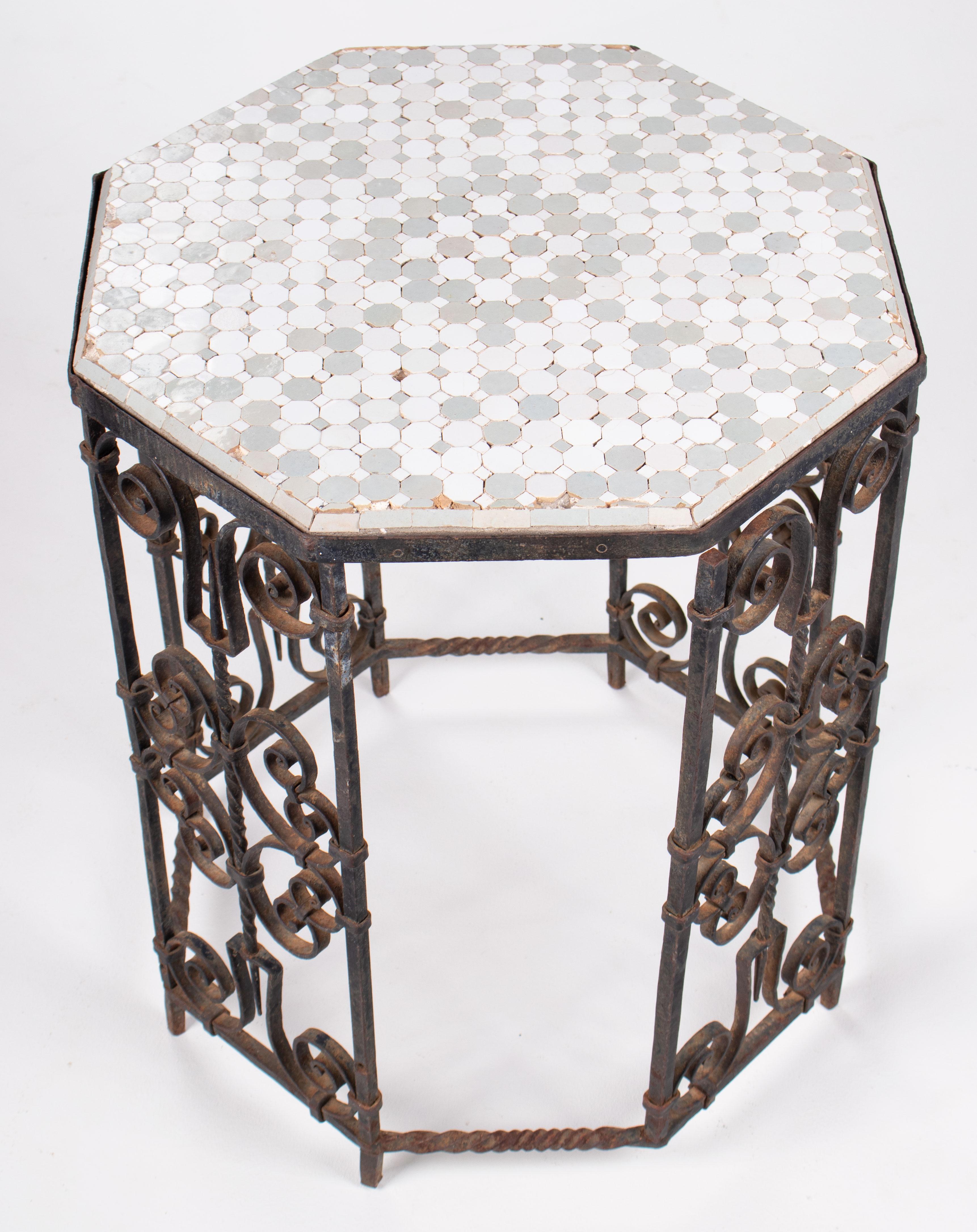 19th Century French Wrought Iron Octagonal Ceramic Top Table 1