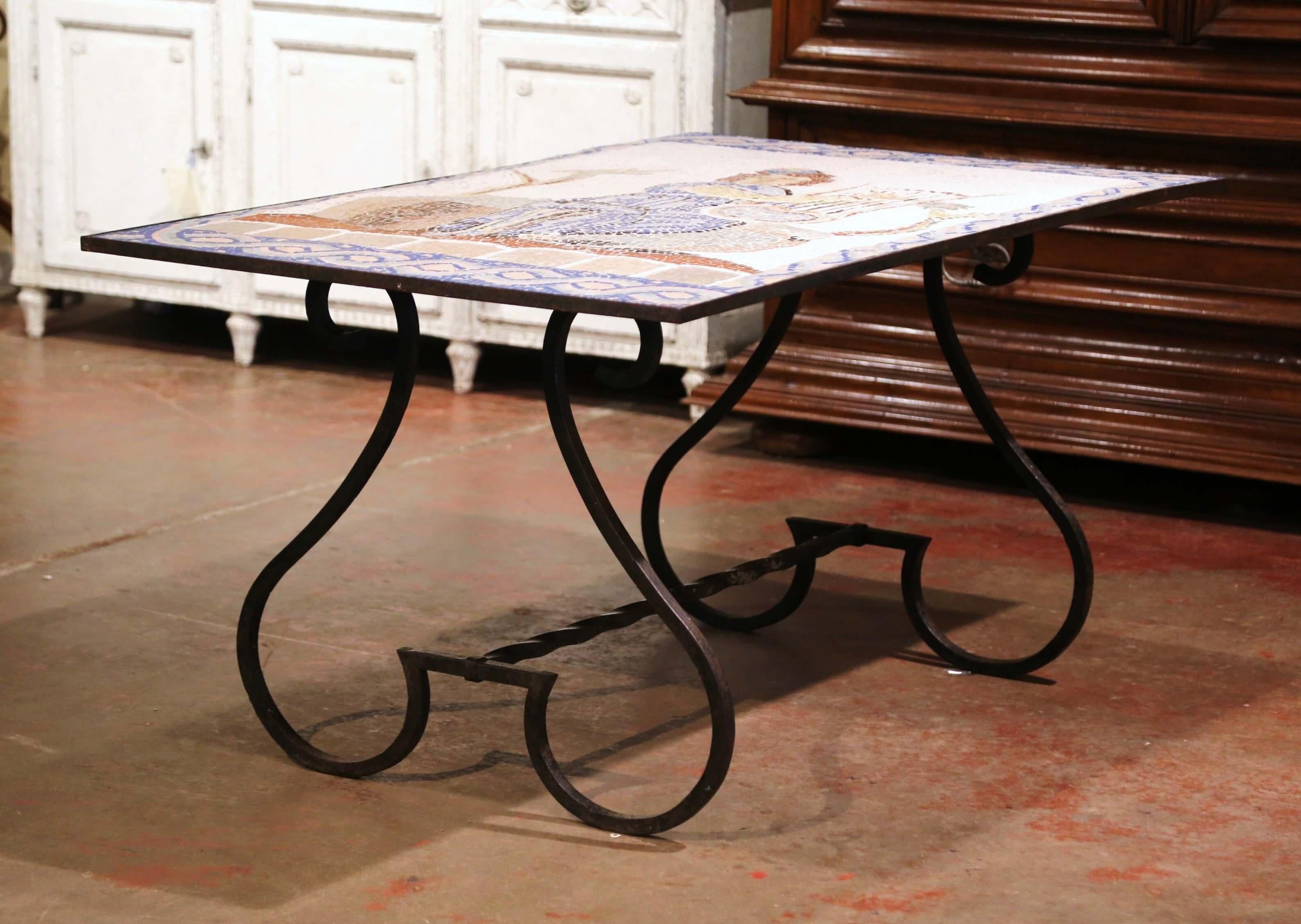 19th Century French Wrought Iron Outdoor Table with Ceramic Mosaic Top