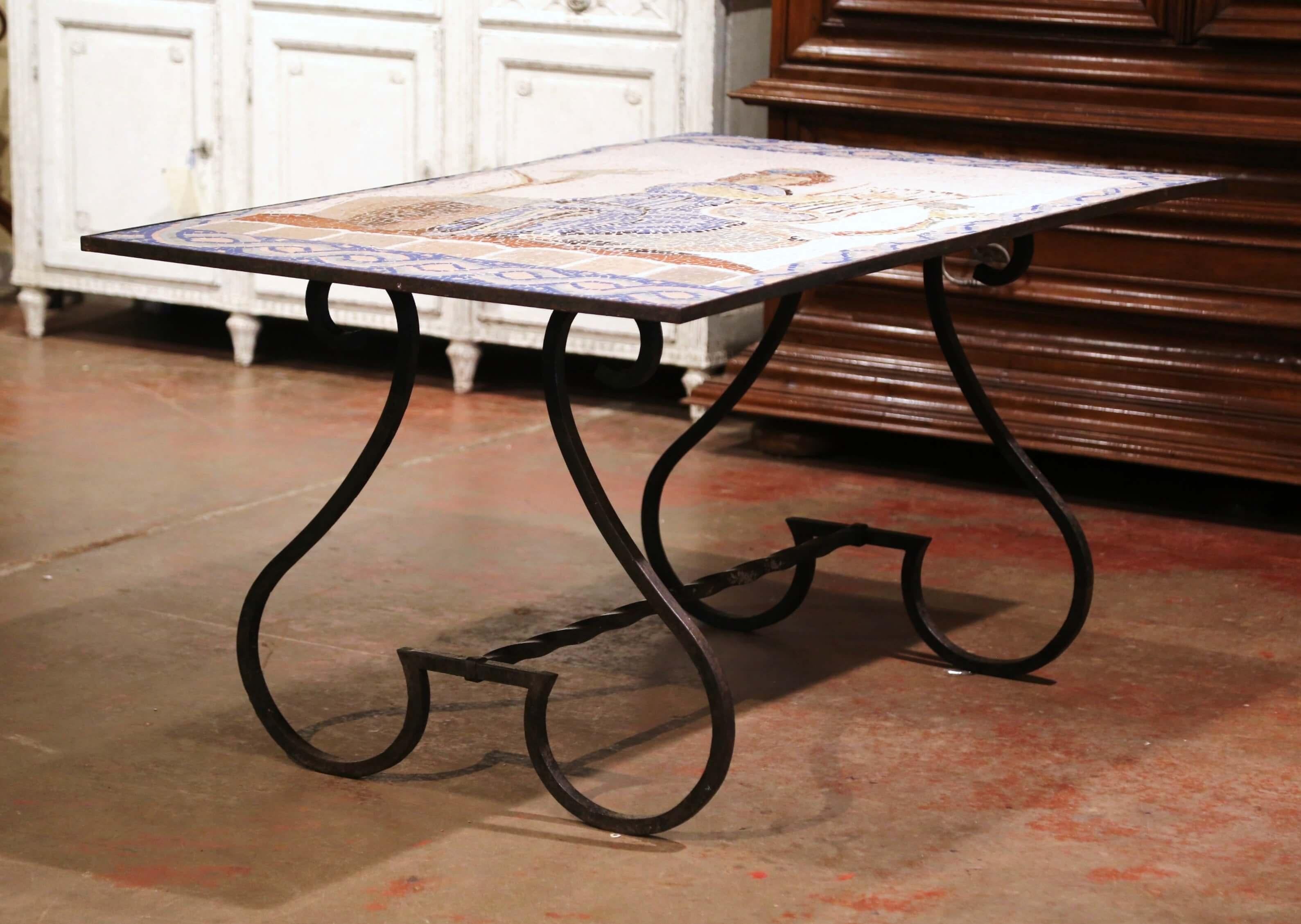 19th Century French Wrought Iron Outdoor Table with Ceramic Mosaic Top 6