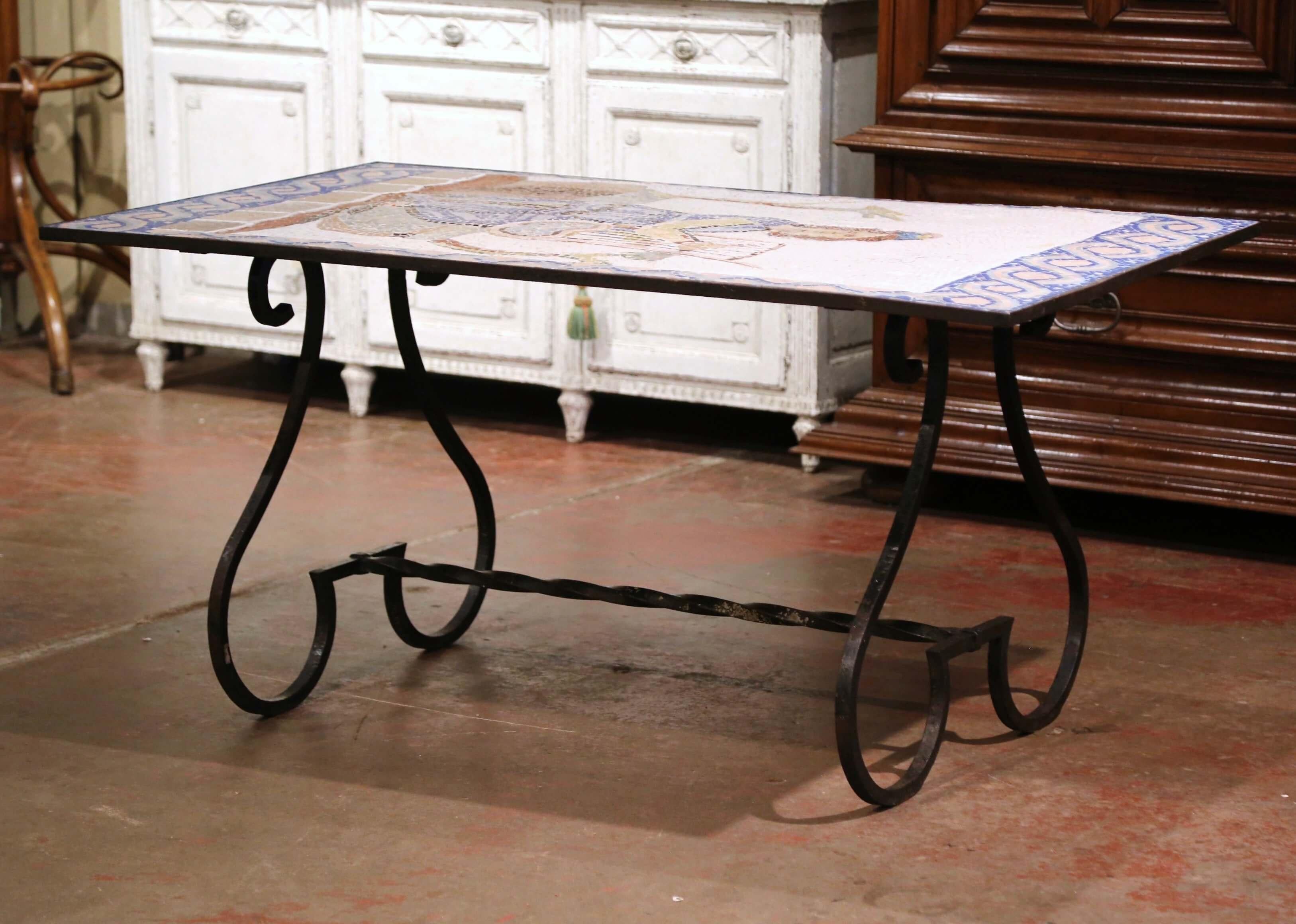 19th Century French Wrought Iron Outdoor Table with Ceramic Mosaic Top 8