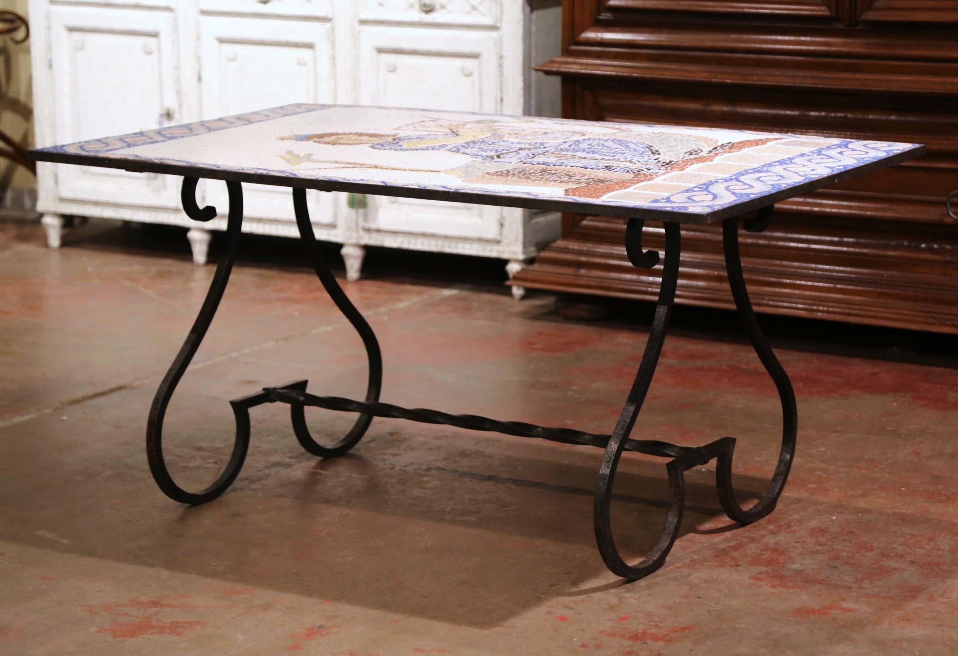 Forged 19th Century French Wrought Iron Outdoor Table with Ceramic Mosaic Top