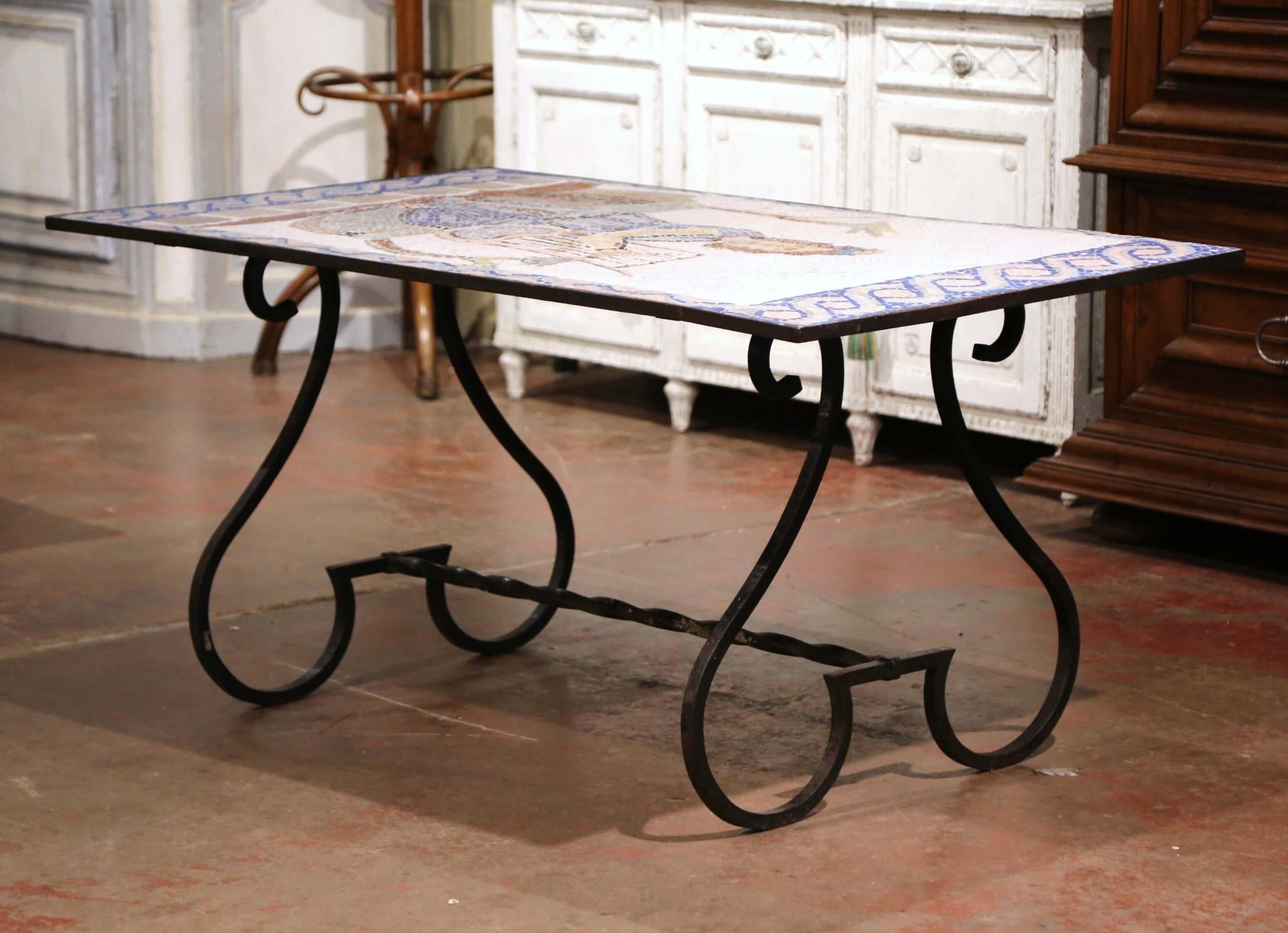 19th Century French Wrought Iron Outdoor Table with Ceramic Mosaic Top In Excellent Condition In Dallas, TX