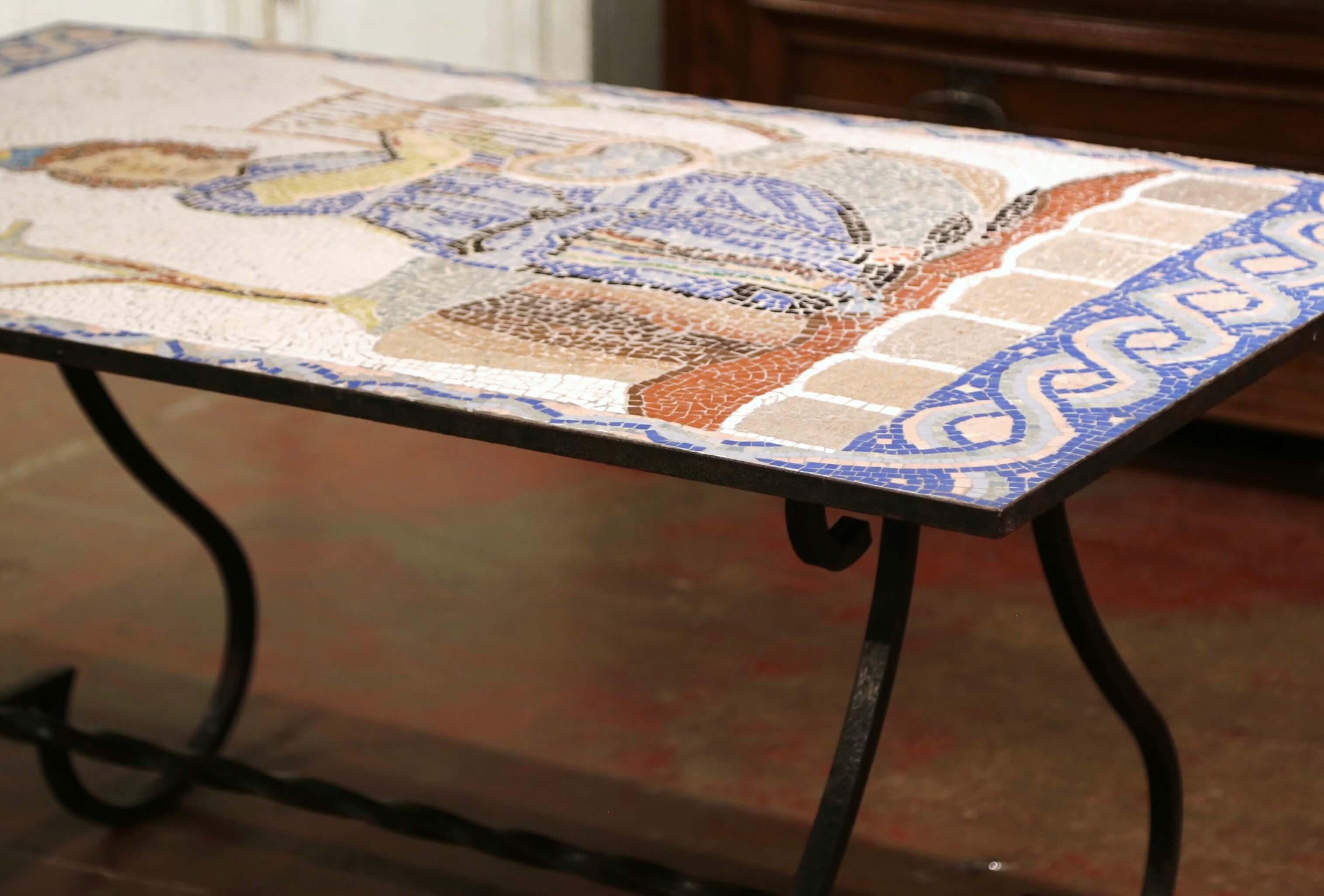 19th Century French Wrought Iron Outdoor Table with Ceramic Mosaic Top 3