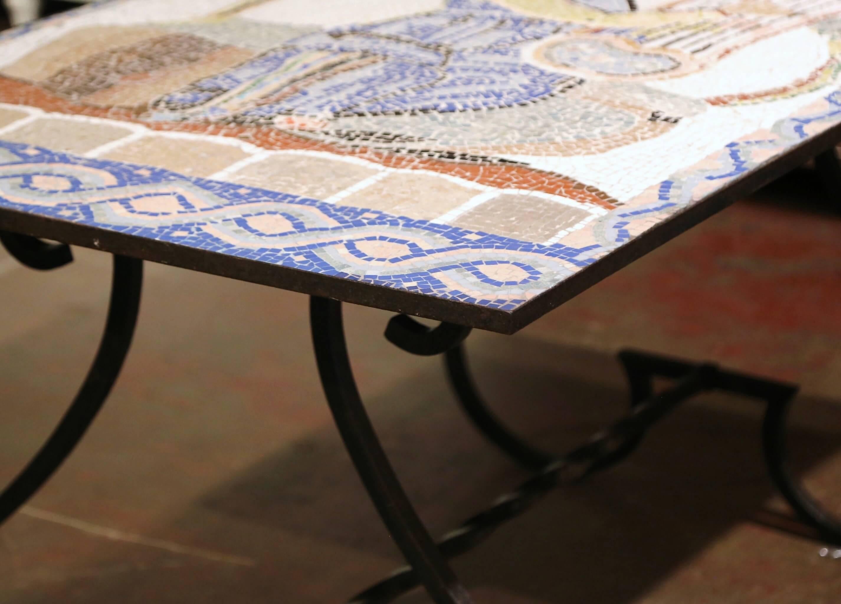 19th Century French Wrought Iron Outdoor Table with Ceramic Mosaic Top