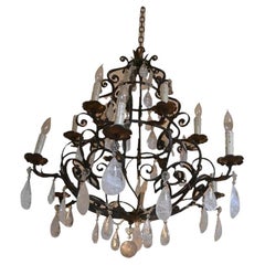 19th Century French Wrought Iron Rock Crystal Chandelier