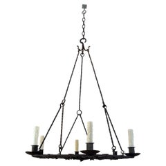 19th Century French Wrought Iron Rustic Finish 6 Light Candle Chandelier