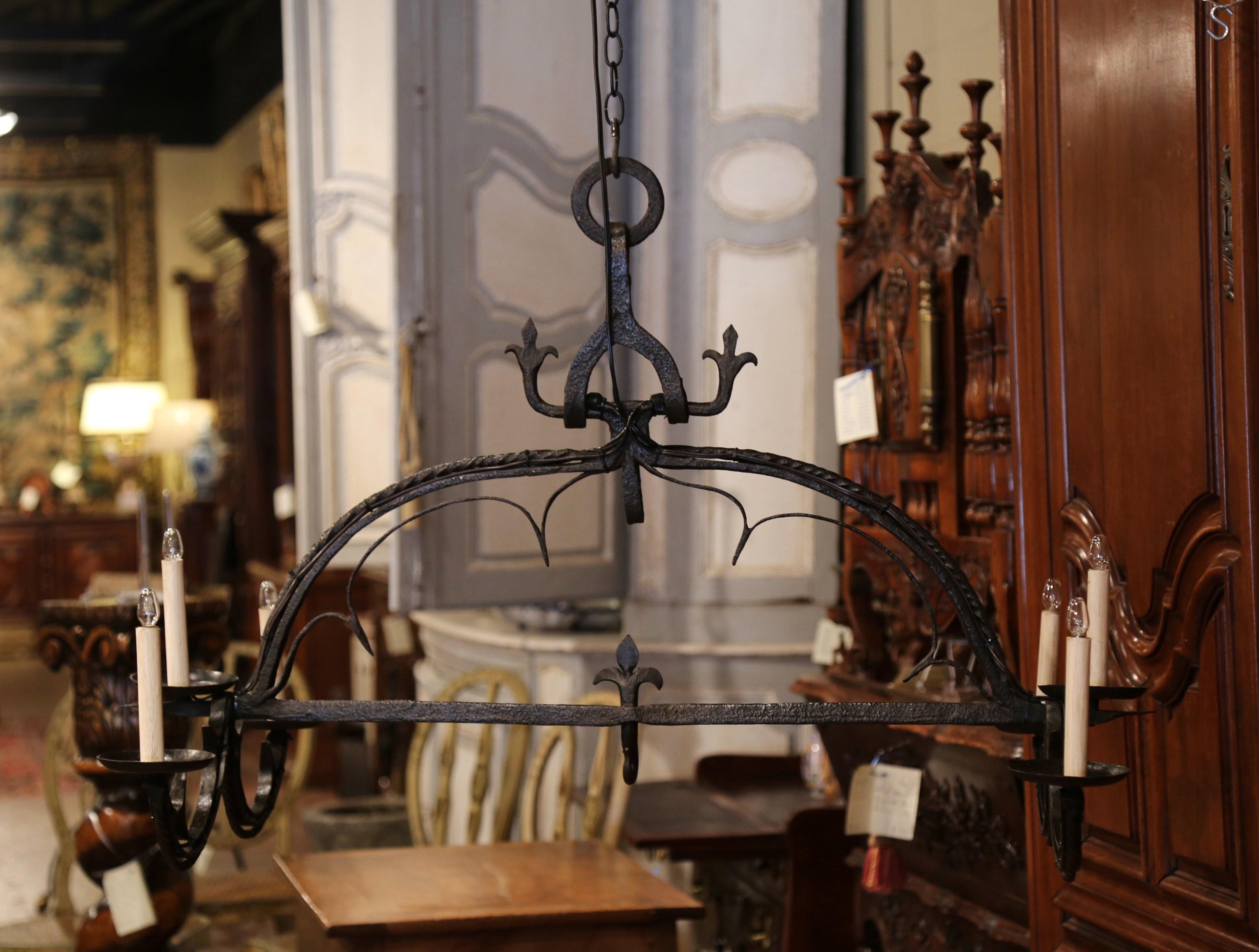 19th Century French Wrought Iron Six-Light Island Chandelier with Fleur-de-Lys 4