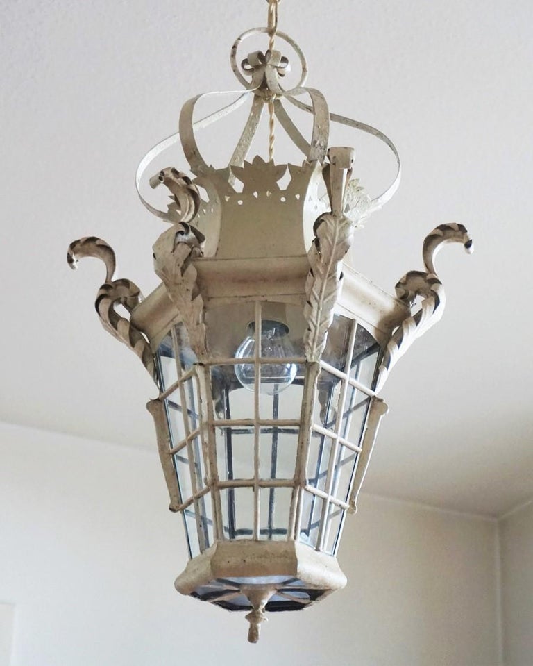 Antique French Handcrafted Wrought Iron Glass Street Lantern For Sale