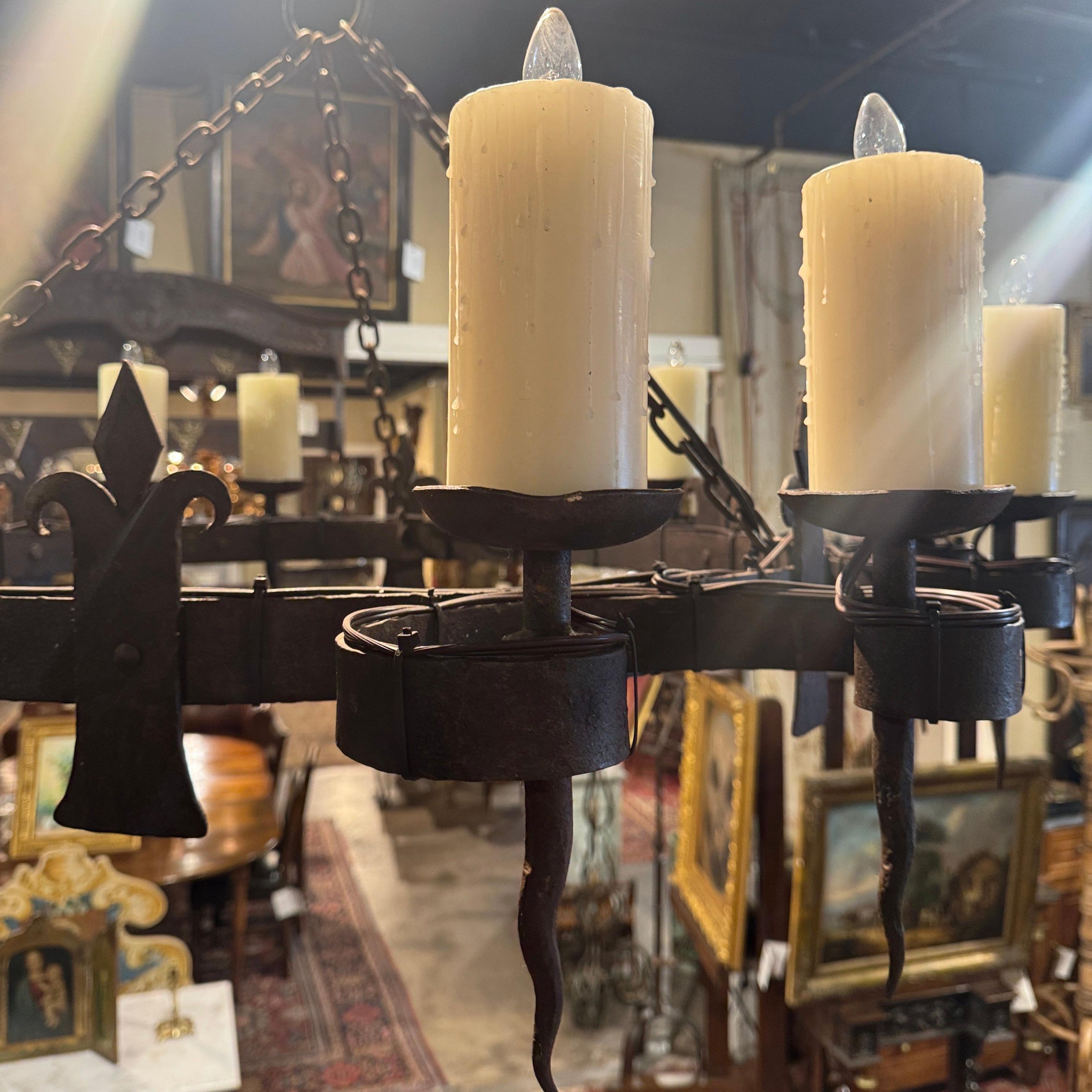 Francese Lampadario a dodici luci in ferro battuto del XIX secolo francese con fiori di lino in vendita