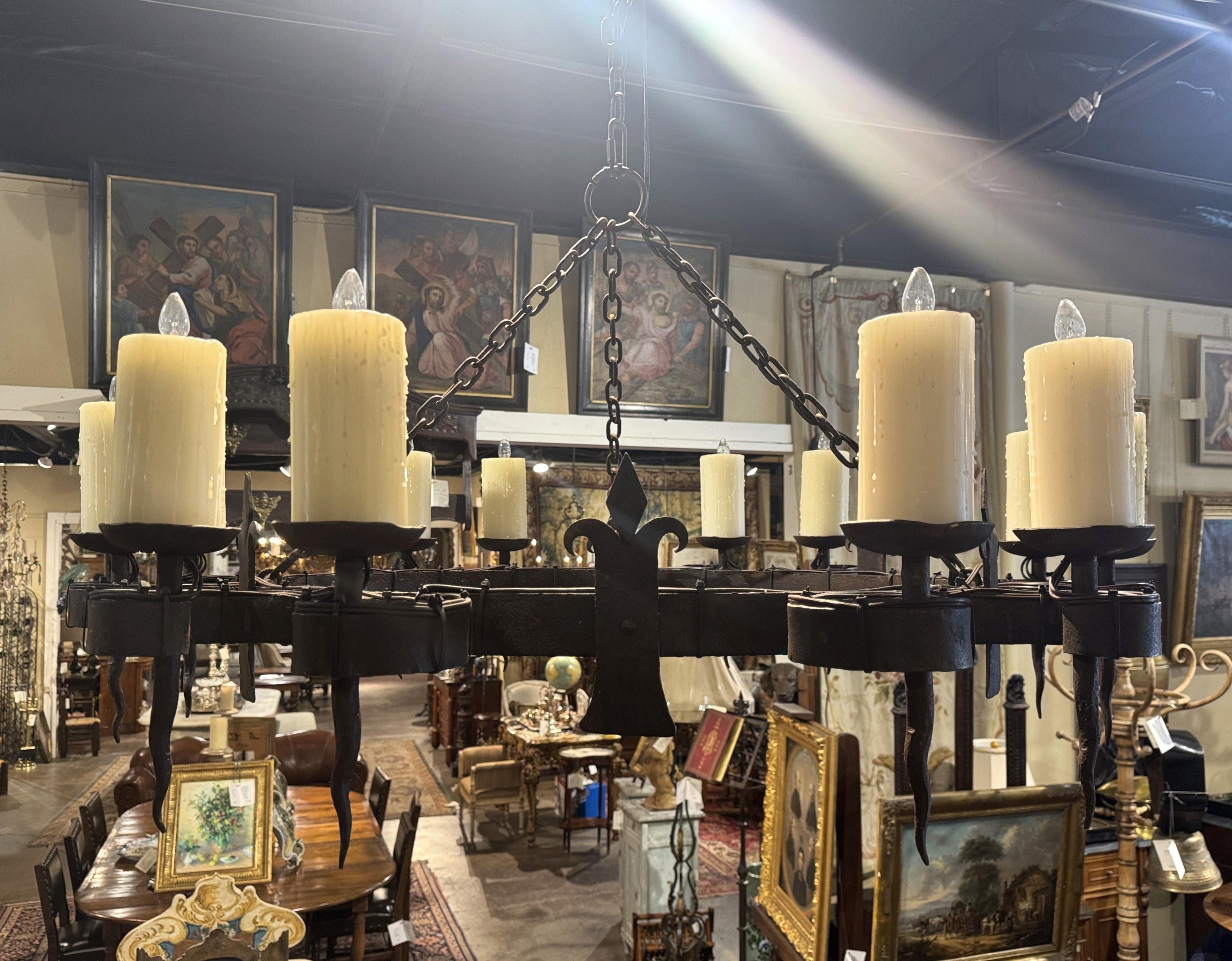 Lampadario a dodici luci in ferro battuto del XIX secolo francese con fiori di lino In condizioni ottime in vendita a Dallas, TX