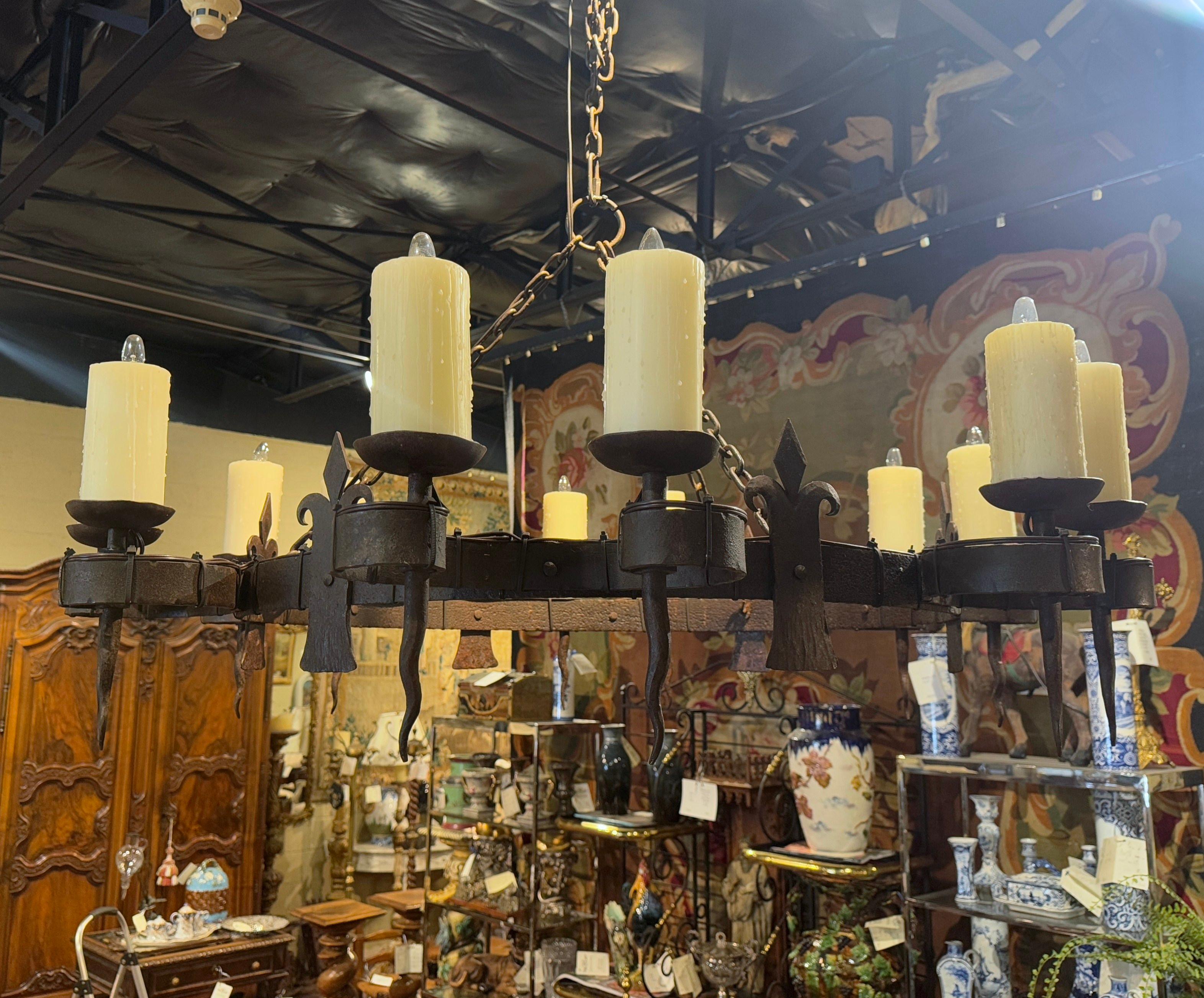 Ferro Lampadario a dodici luci in ferro battuto del XIX secolo francese con fiori di lino in vendita