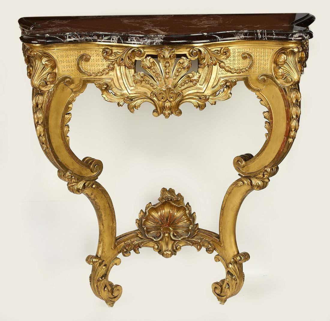 Hand-Carved 19th Century French Louis XV Style Marble Mounted Gilt Carved Console