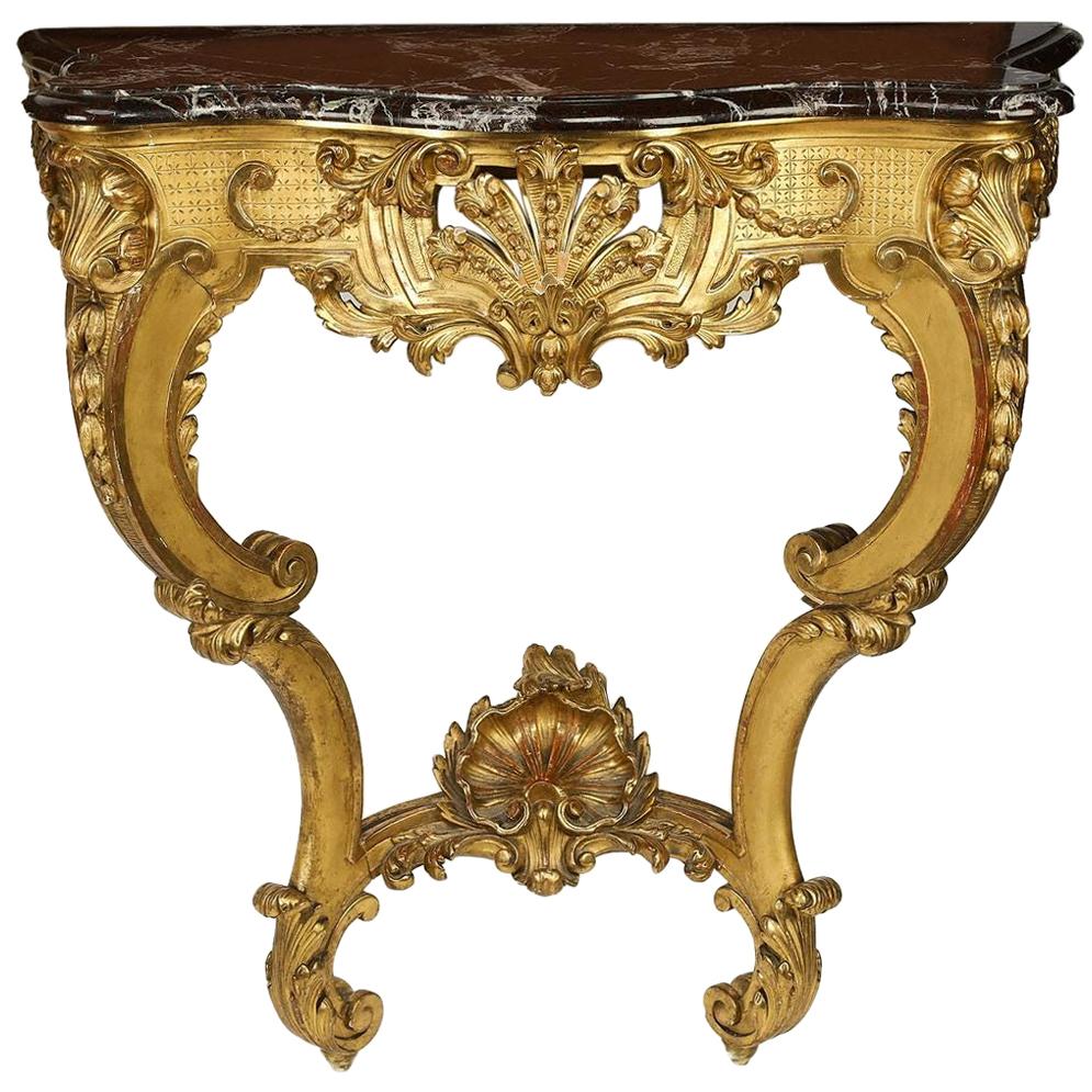 19th Century French Louis XV Style Marble Mounted Gilt Carved Console