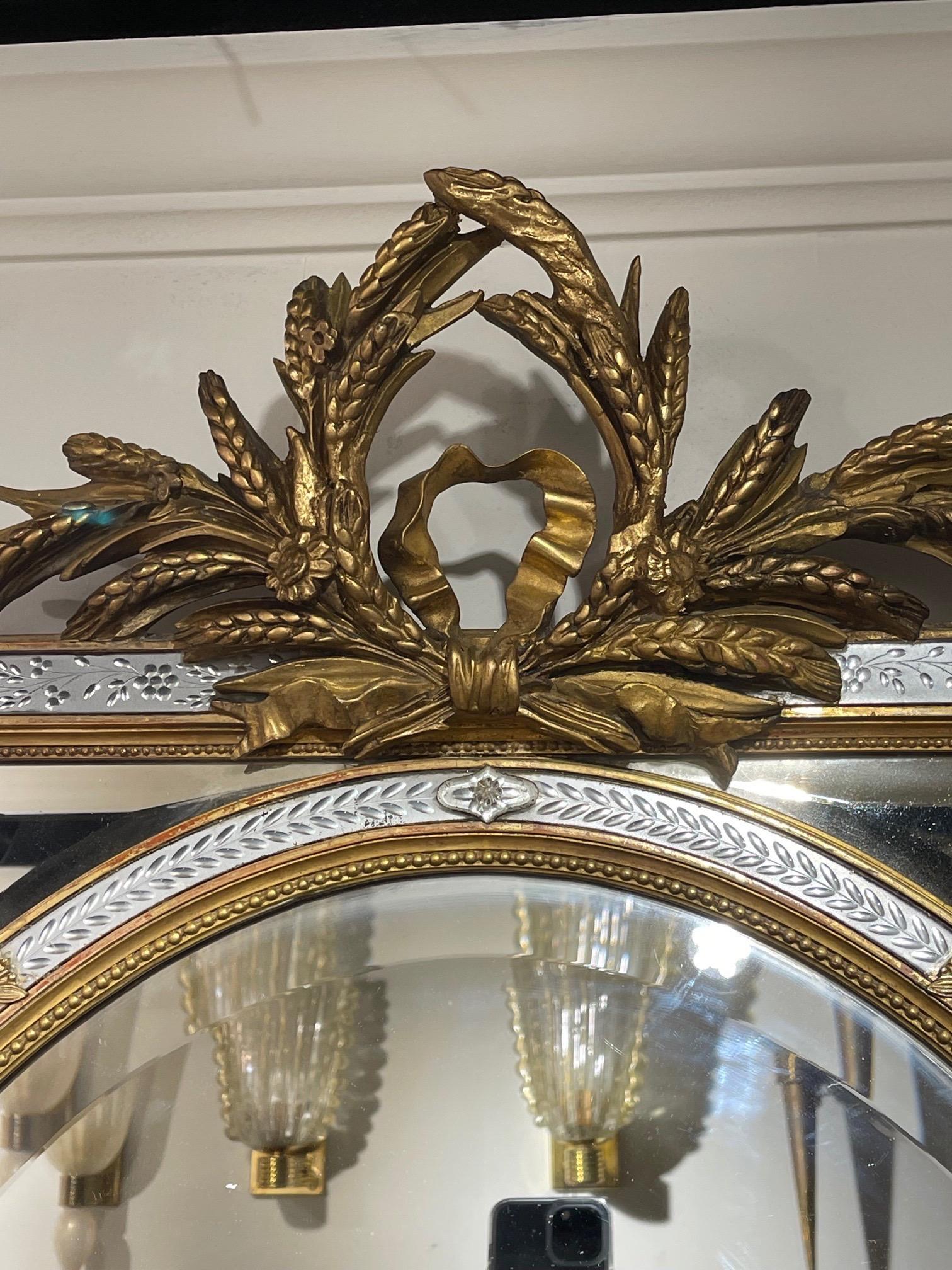 Louis XVI 19th Century French XVI Style Giltwood and Etched Glass Cushion Mirror For Sale