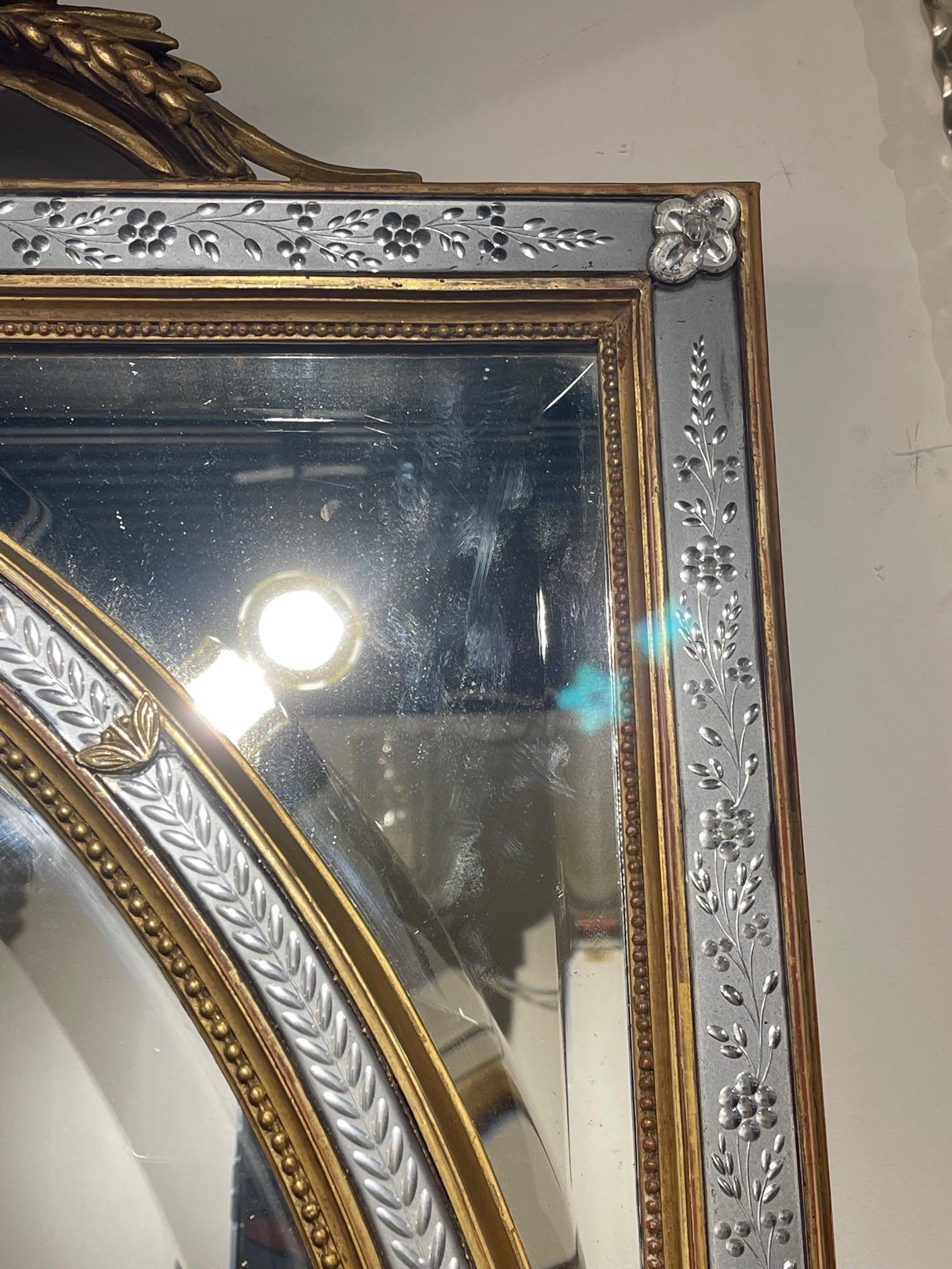 19th Century French XVI Style Giltwood and Etched Glass Cushion Mirror In Good Condition For Sale In Dallas, TX