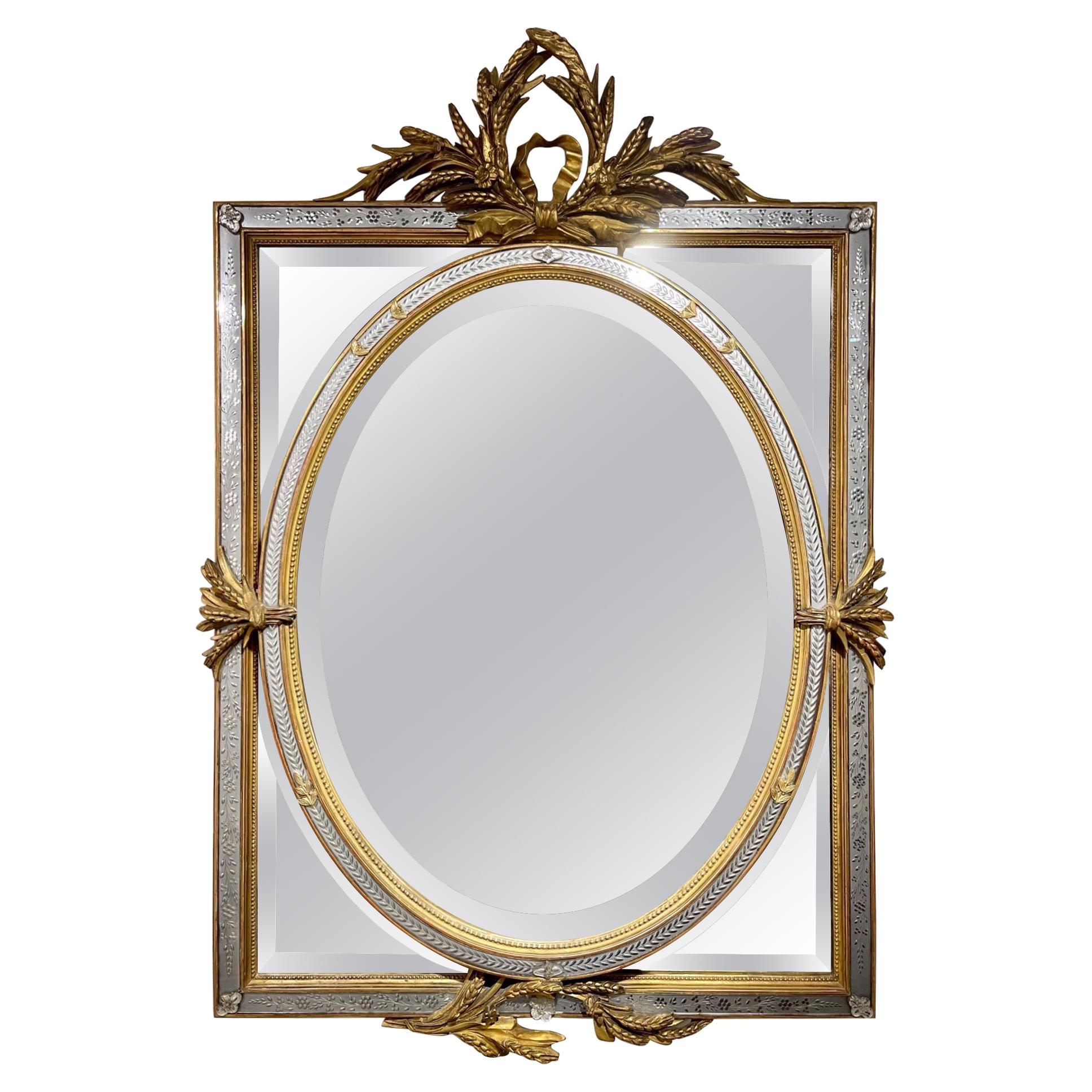 19th Century French XVI Style Giltwood and Etched Glass Cushion Mirror For Sale