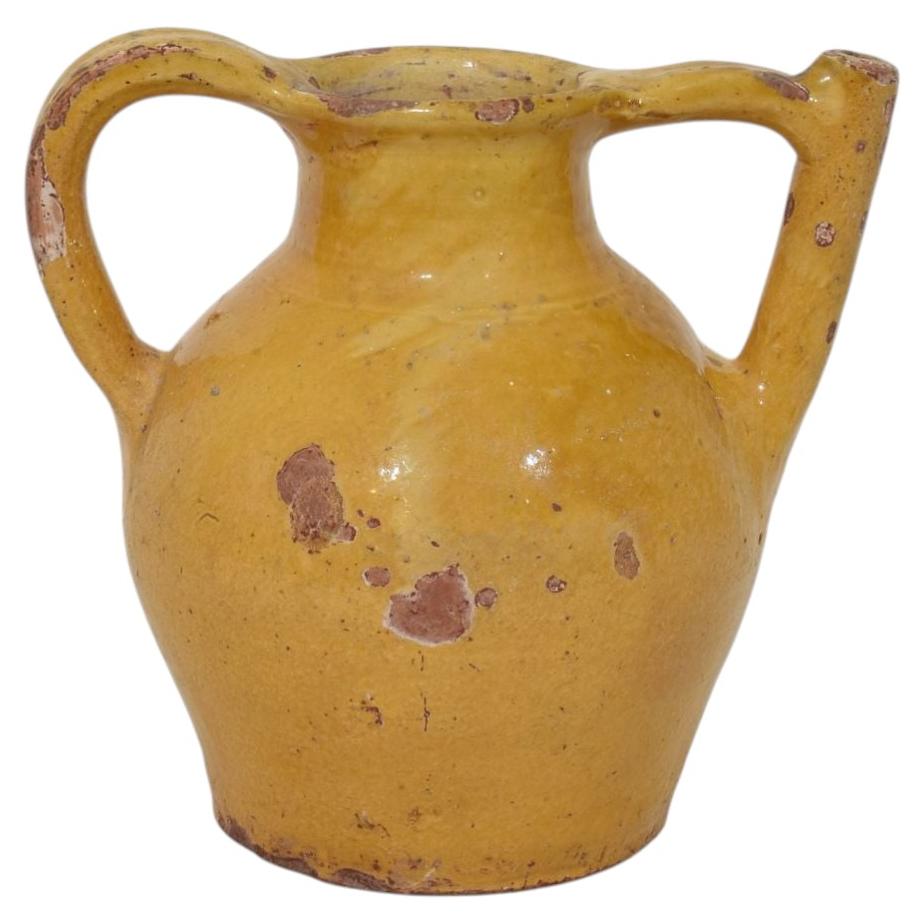 19th Century French Yellow Glazed Terracotta Jug or Water Cruche, 'Orjol' For Sale