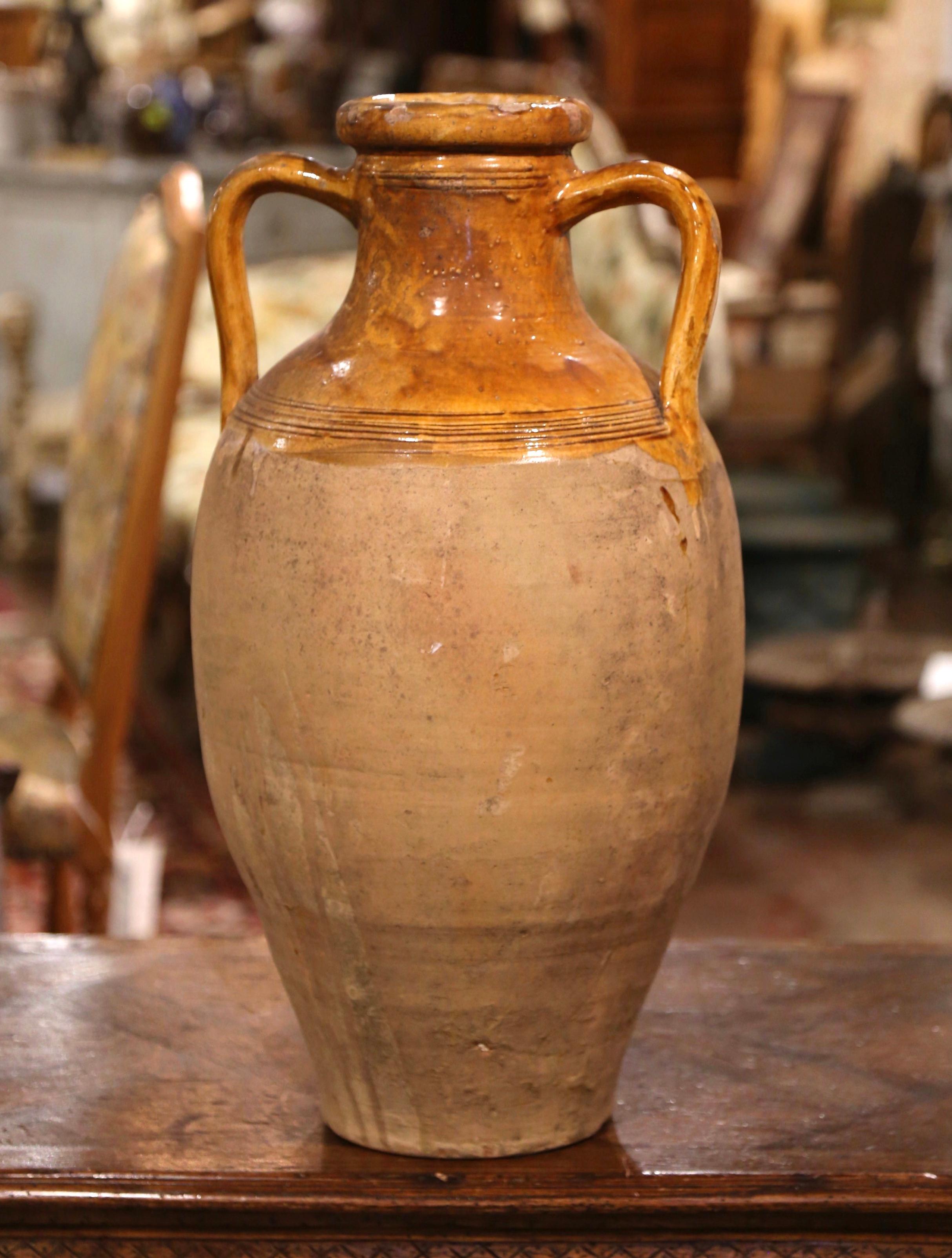 Earthenware 19th Century French Yellow Glazed Terracotta Olive Oil Urn from Provence