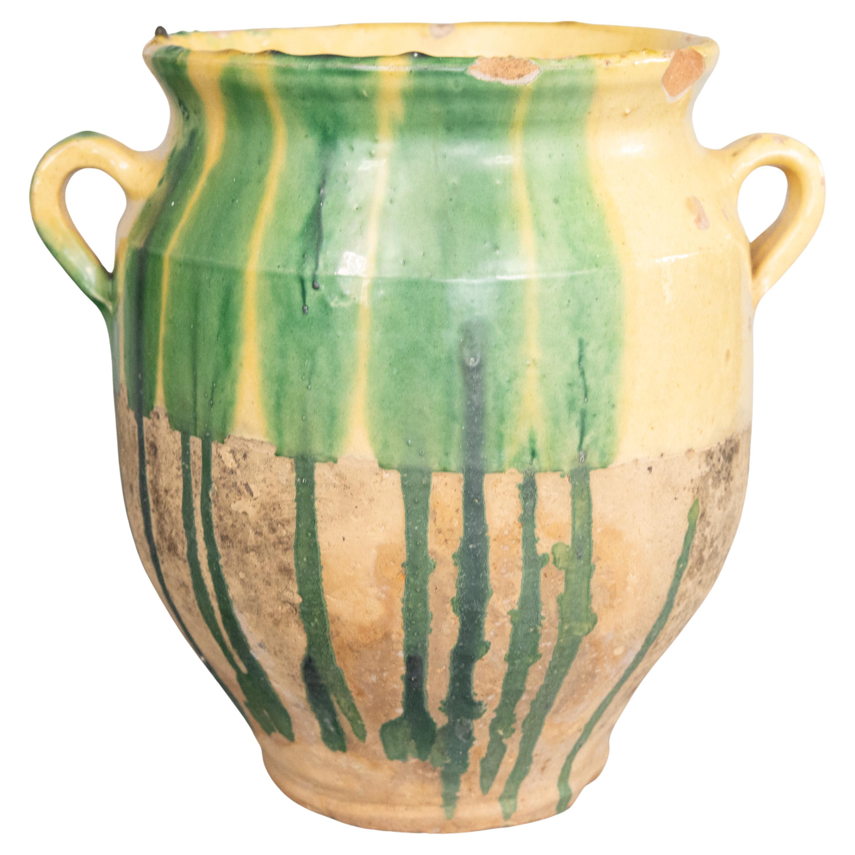 Olla confitada francesa del siglo XIX con esmalte goteado amarillo y verde