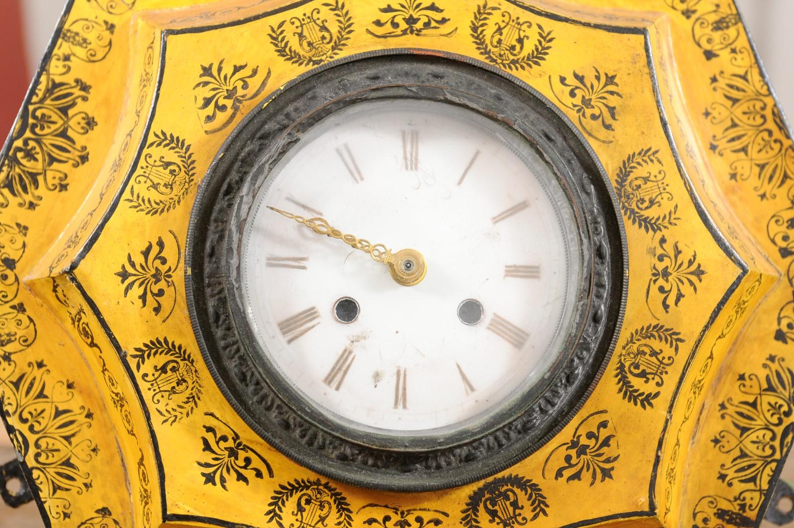 19th Century French Yellow Painted Tole Wall Clock For Sale 5