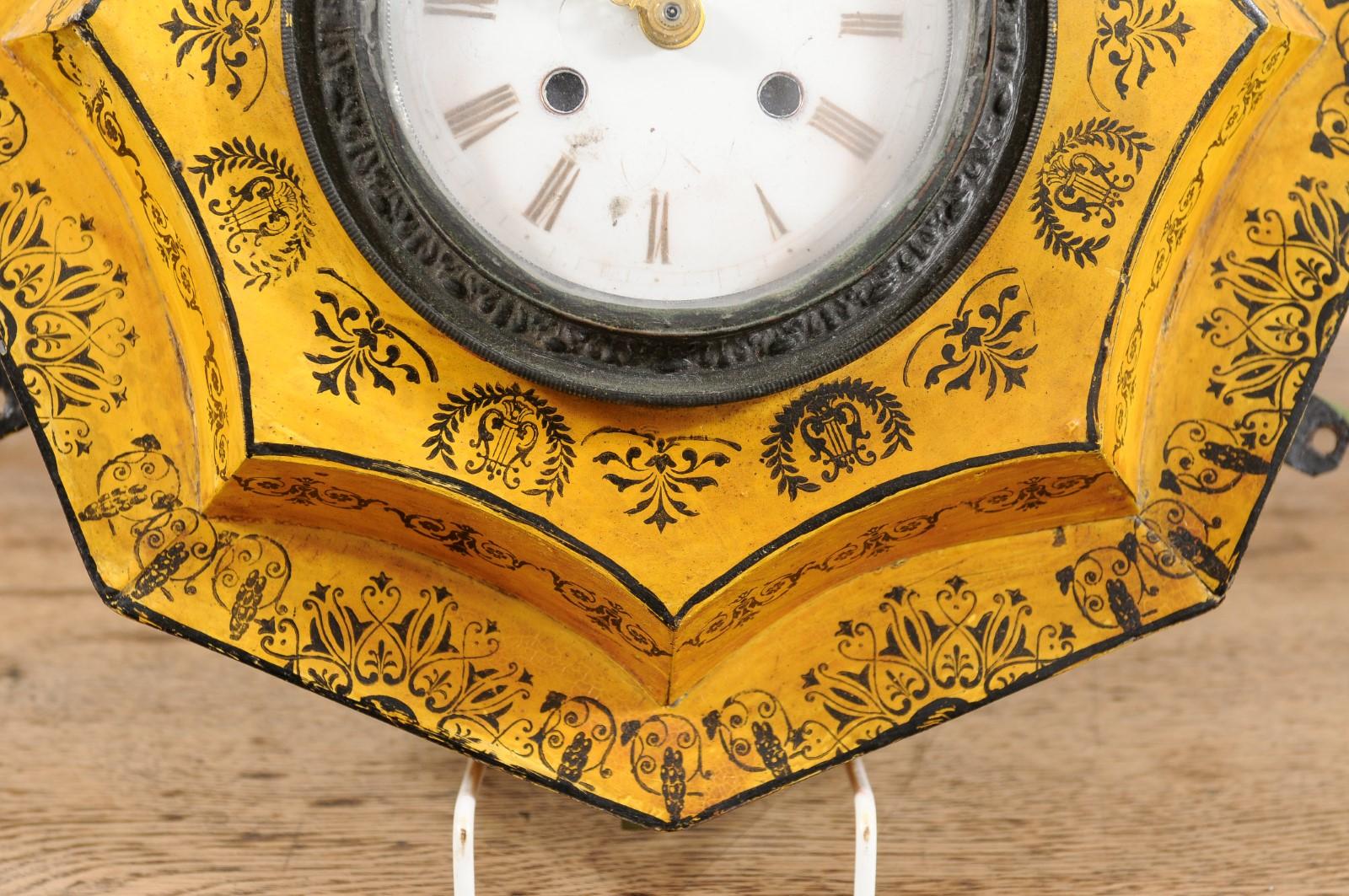 19th Century French Yellow Painted Tole Wall Clock For Sale 6