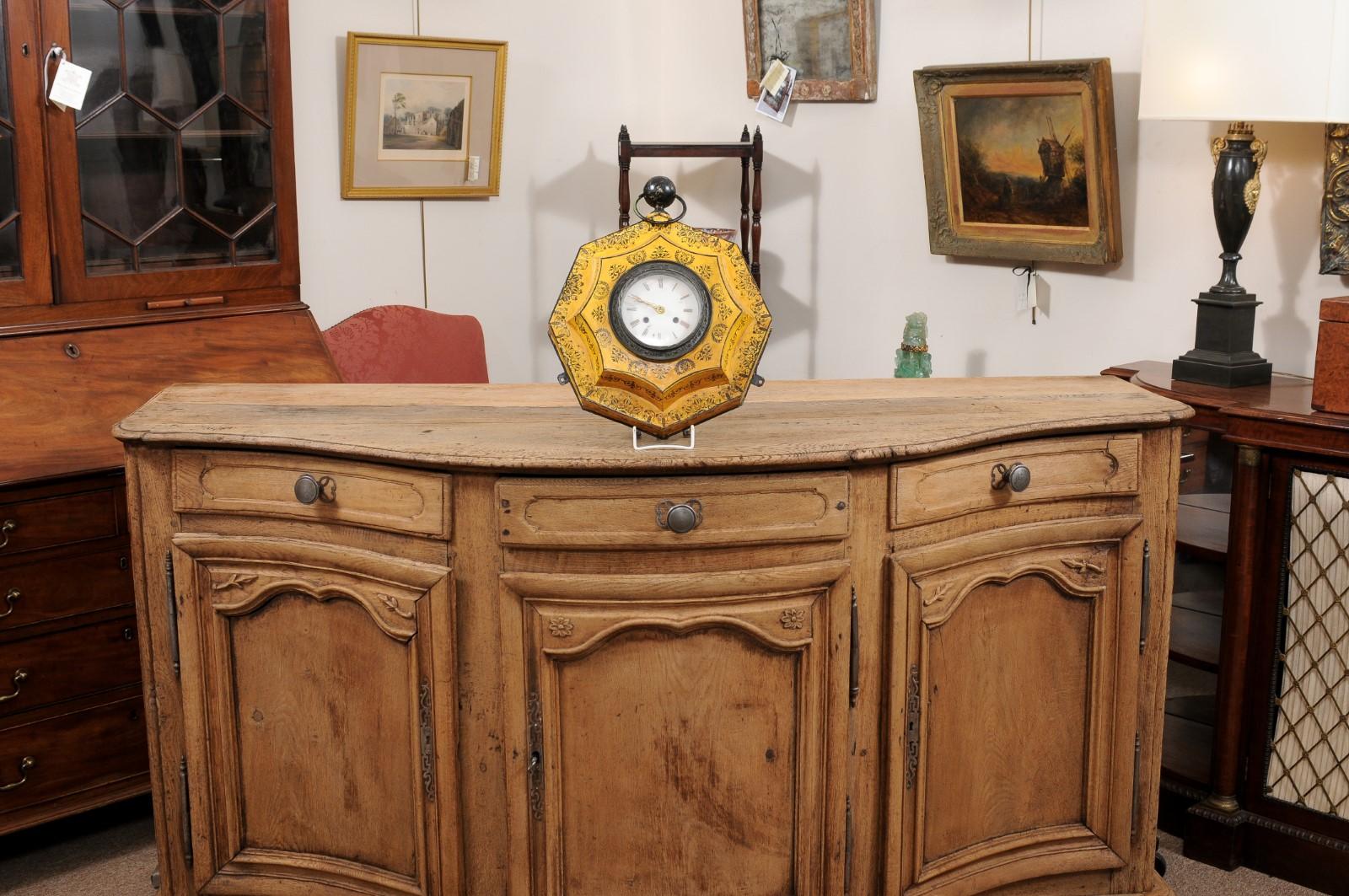 19th Century French Yellow Painted Tole Wall Clock In Good Condition For Sale In Atlanta, GA