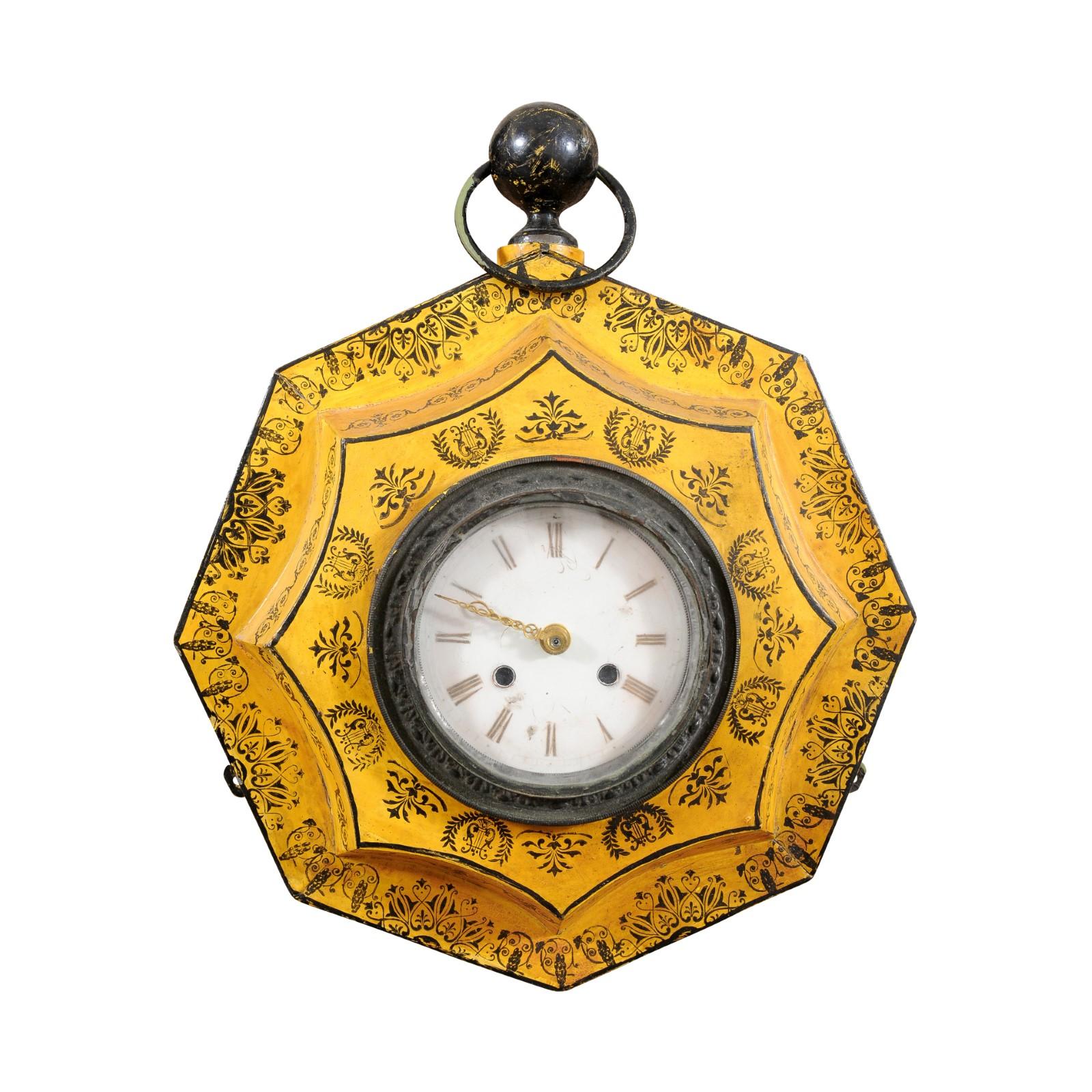 19th Century French Yellow Painted Tole Wall Clock For Sale 1