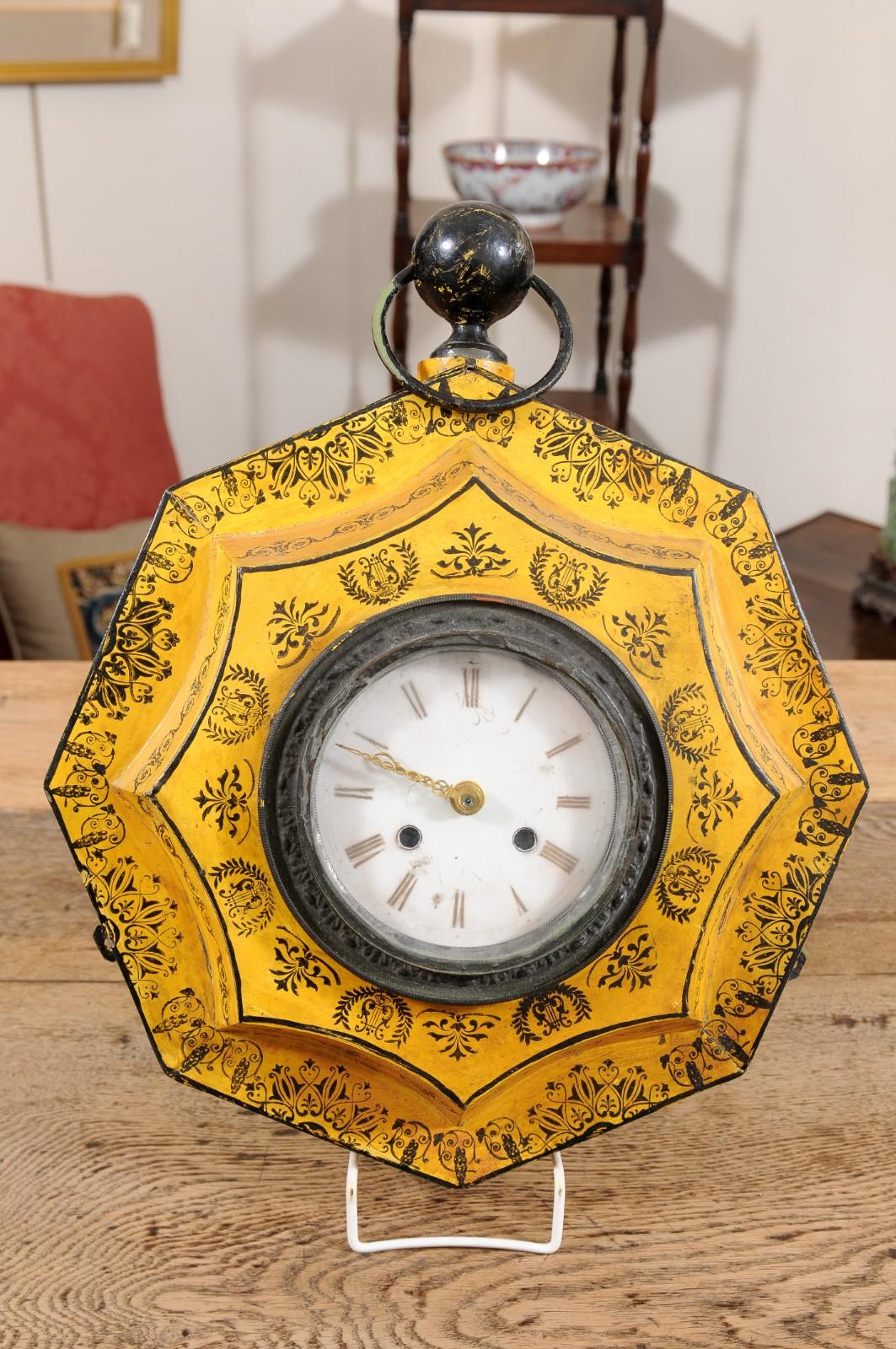 19th Century French Yellow Painted Tole Wall Clock For Sale 2