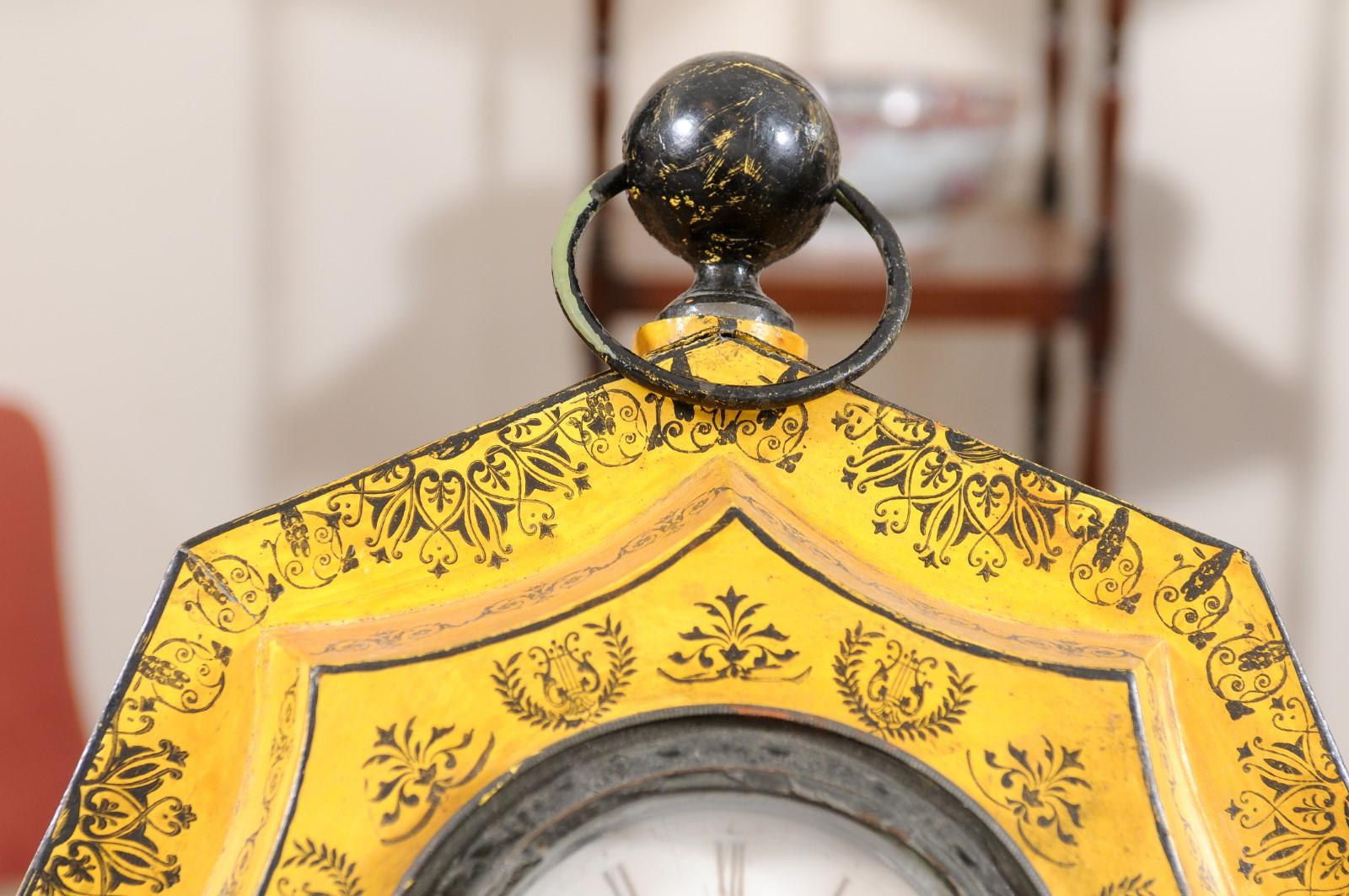 19th Century French Yellow Painted Tole Wall Clock For Sale 4