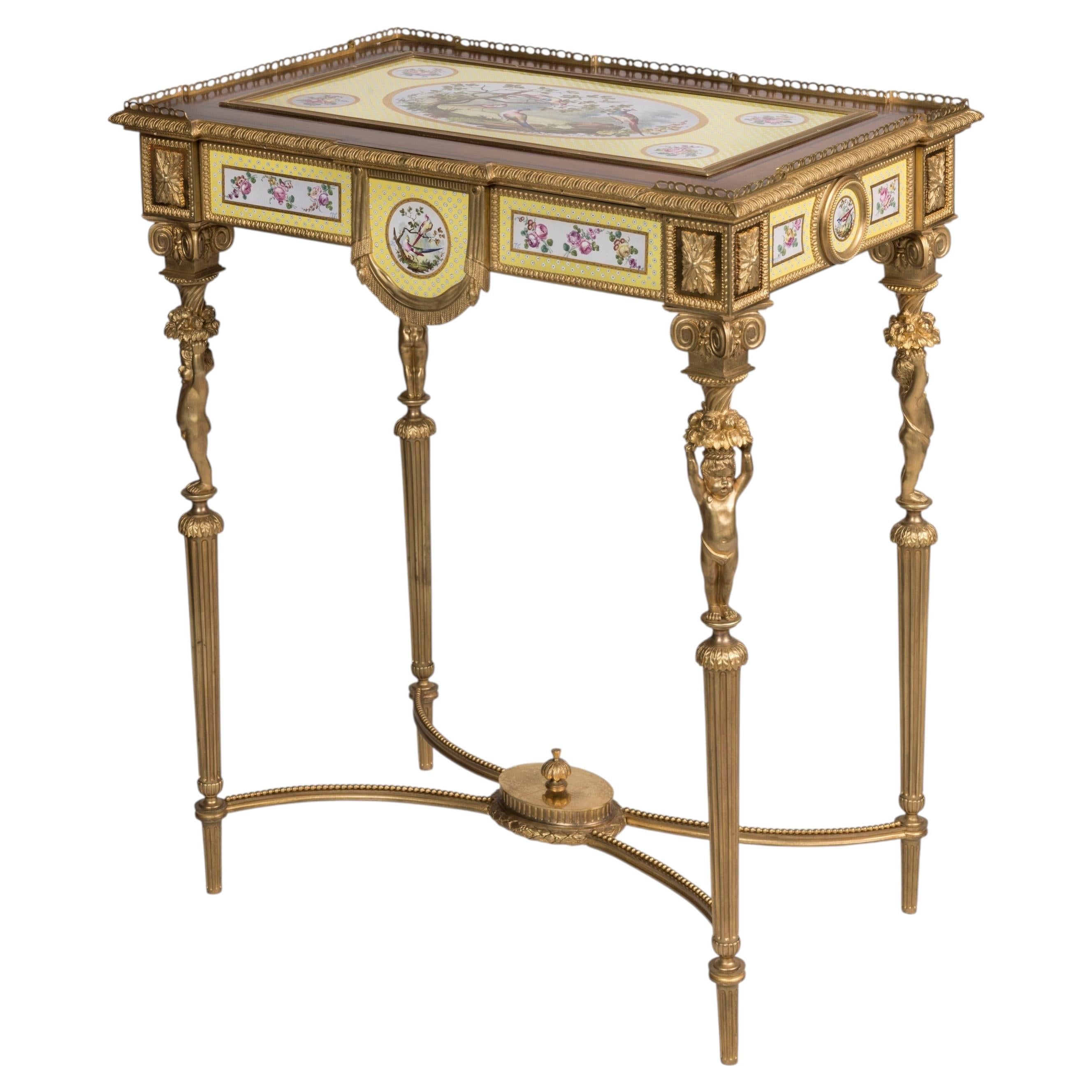 19th Century French Yellow Porcelain Table de Dame With Putti and Ionic Capitals For Sale