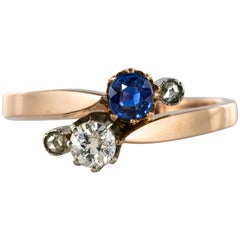 19th Century French "You and Me" Sapphire Diamond 18 Karat Rose Gold Ring