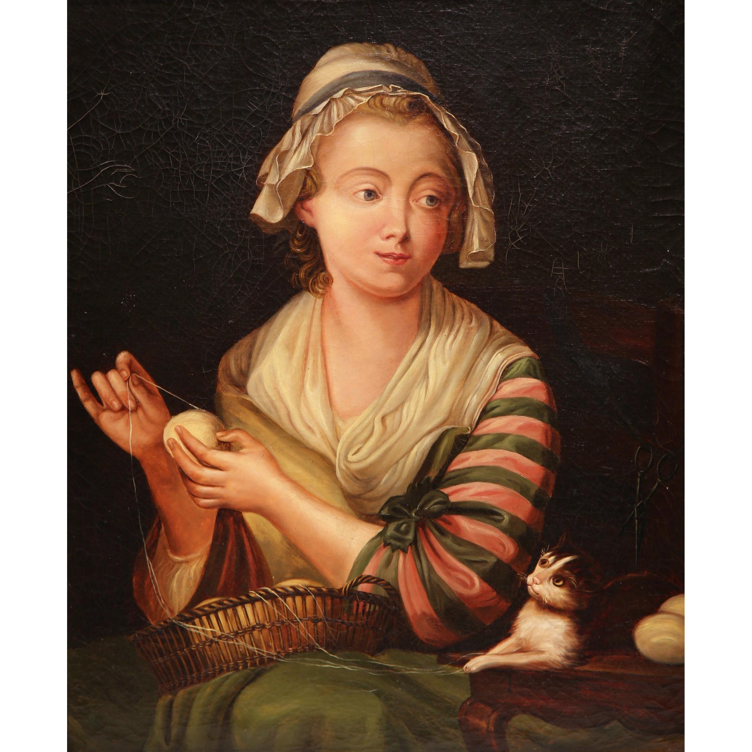 This beautiful antique painting was created in France, circa 1810. Set in the original carved gilt frame, the artwork depicts a young woman knitting with a small cat beside her. In the manner of Jean Baptiste Greuze (see: 