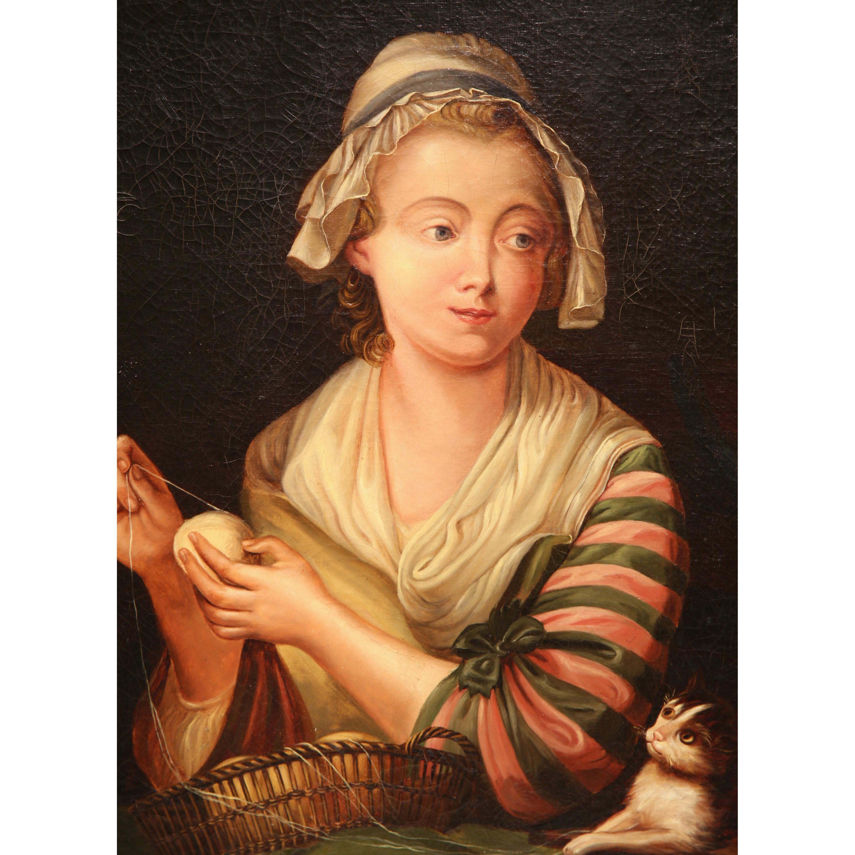 19th Century French Young Beauty Portrait Oil Painting in Carved Gilt Frame In Excellent Condition For Sale In Dallas, TX