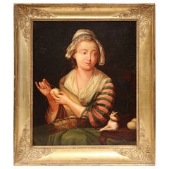 19th Century French Young Beauty Portrait Oil Painting in Carved Gilt Frame