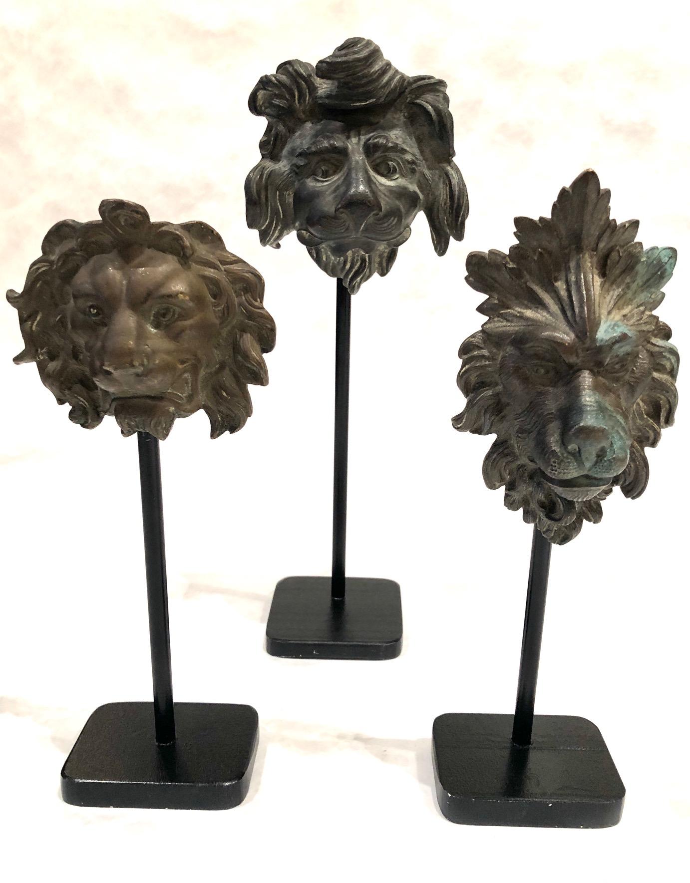 Beautiful and rare set of 6 zinc lion head fragments, French circa 1850-1900
All mounted on a metal stand. Measurement below is the tallest, all in slightly different
heights and widths. Weathered, but in very good condition.