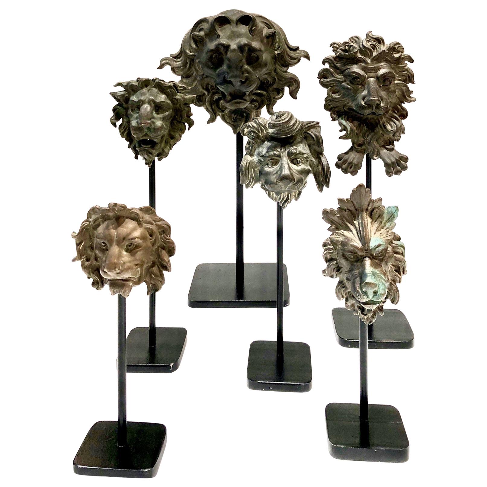 19th Century French Zinc Lion Head Fragments, Set of 6 For Sale