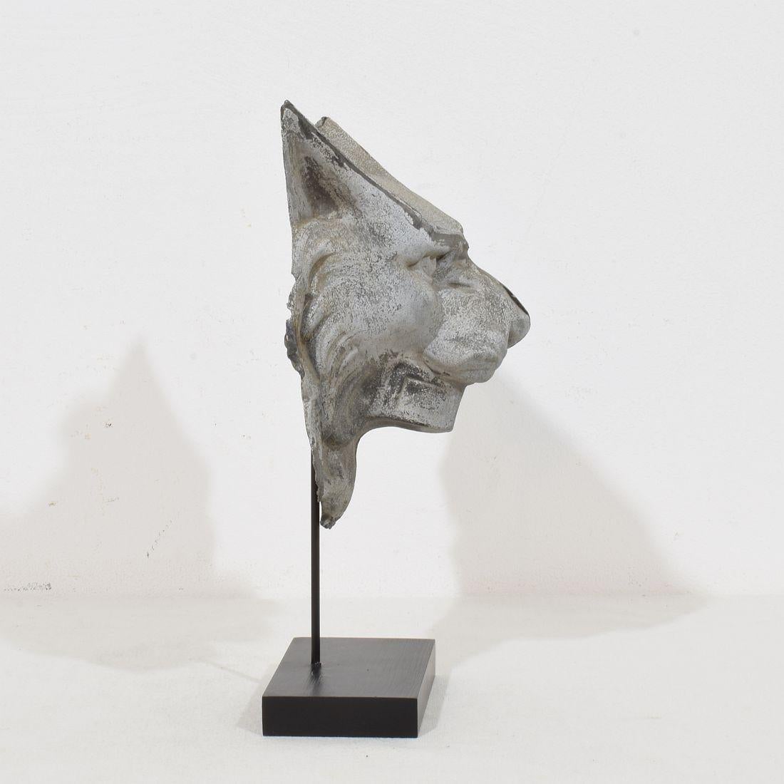 Hand-Crafted 19th Century, French Zinc Mythical Lion- Wolf Head Fragment For Sale