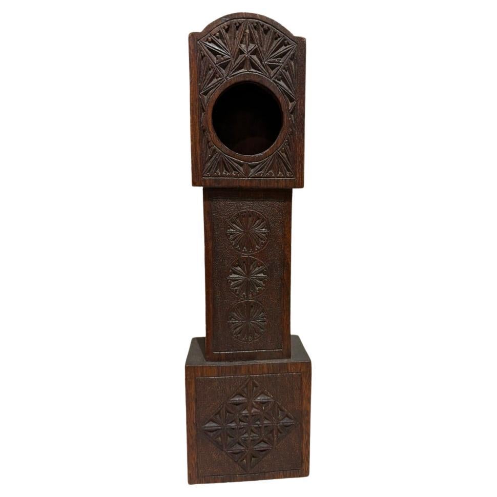 19th Century Frisian Oak Chip Carved Watch Holder Miniature Grandfathers Clock