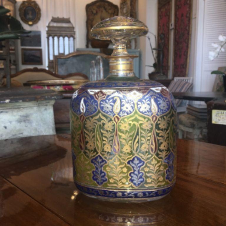 Large etched, gilded and polychrome enameled crystal decanter, early Fritz Heckert Jodhpur range, circa 1883 with Persian foliate motifs, in blue, greens, red, white.