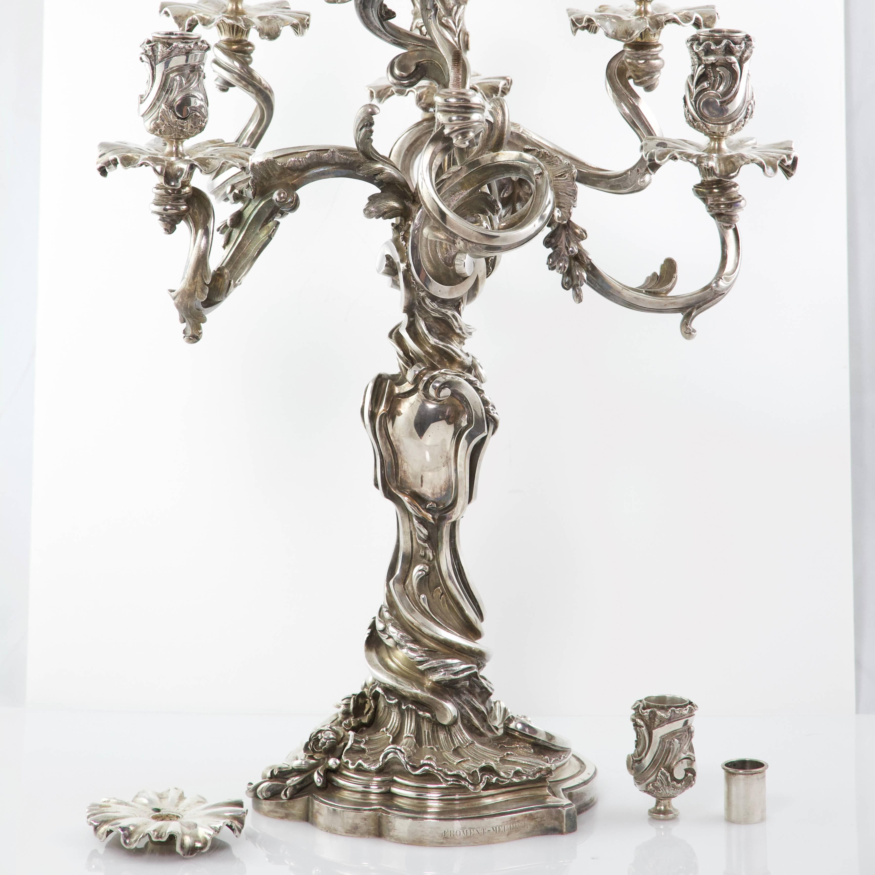 Rococo 19th Century Froment-Meurice Bronze and Silver Pair of Candelabras from Paris For Sale