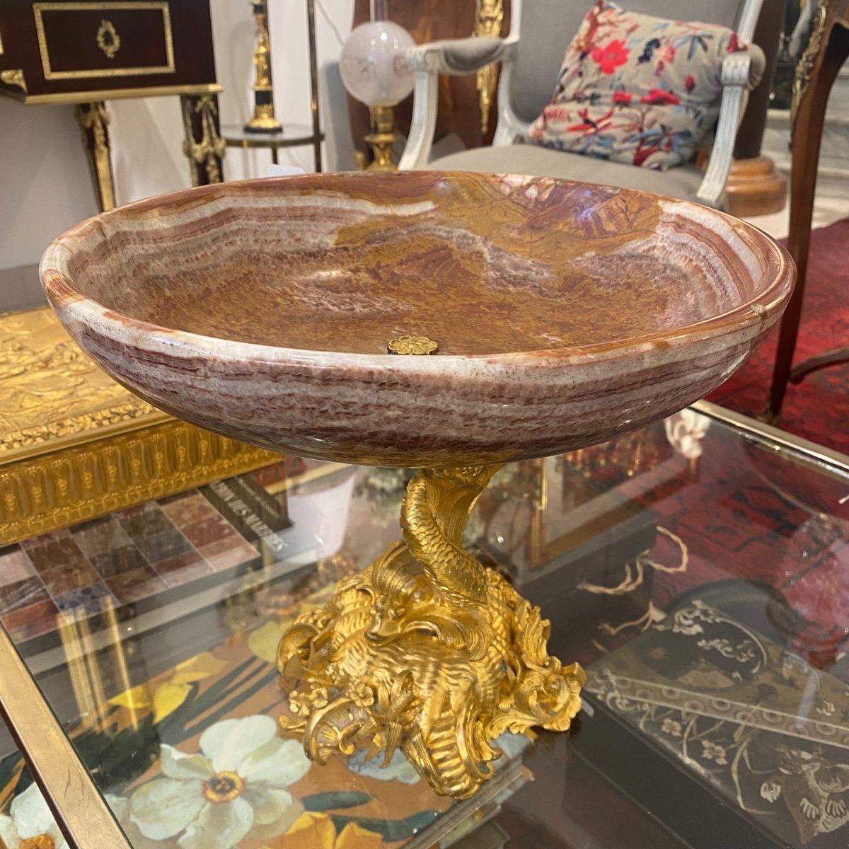 Napoleon III 19th Century Fruit Bowl with a Koi Fish Base in Gilt Bronze and Marble For Sale