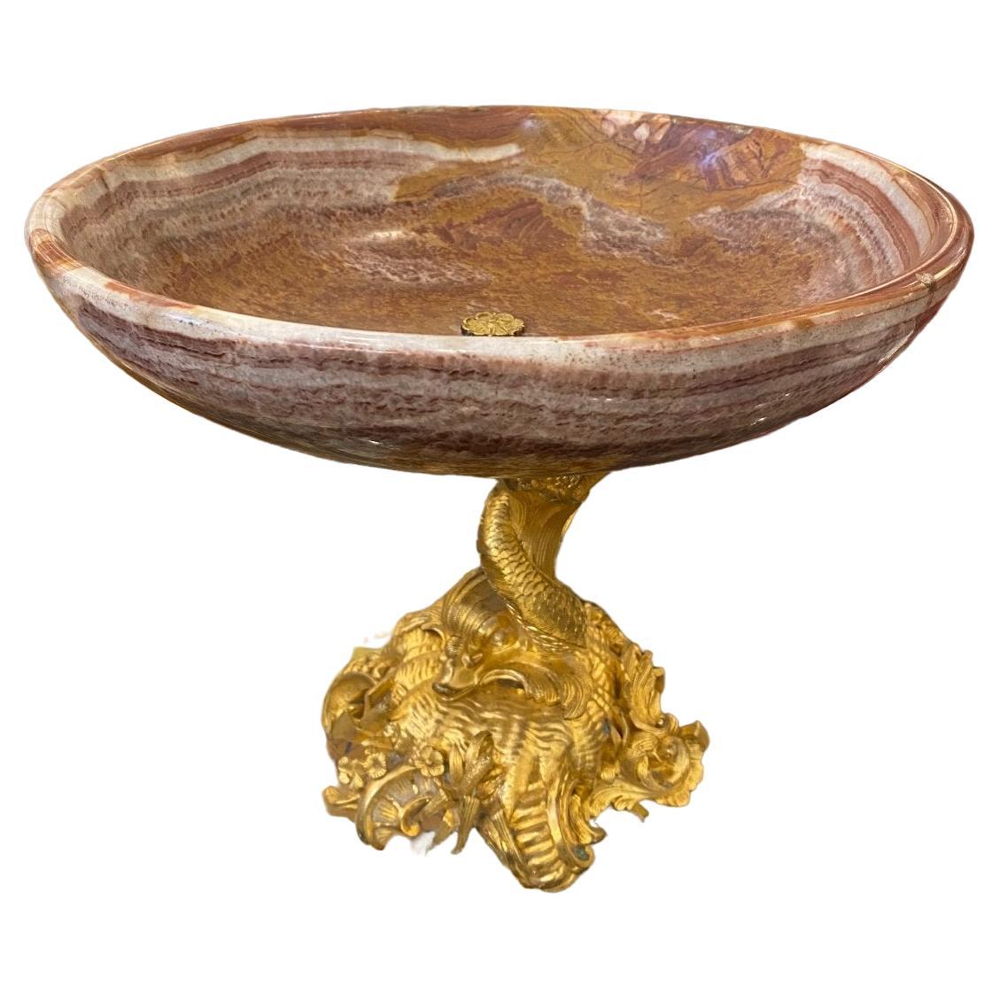 19th Century Fruit Bowl with a Koi Fish Base in Gilt Bronze and Marble For Sale