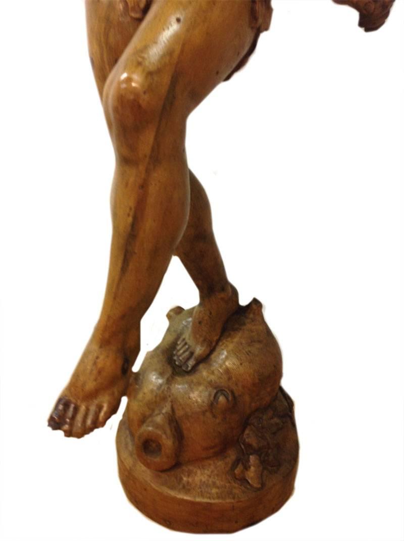 Fruitwood 19th C. Large Fruit Wooden Statues of young Bacchus the God of wine, 1.40 cm For Sale
