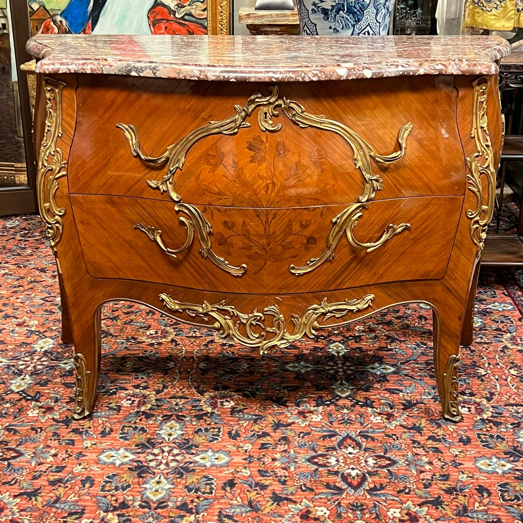 Bronze 19th Century Fruitwood and Marble Commode in Louis XV Style For Sale