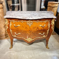 19th Century Fruitwood Marquetry Inlaid and Marble Commode in Louis XV Style