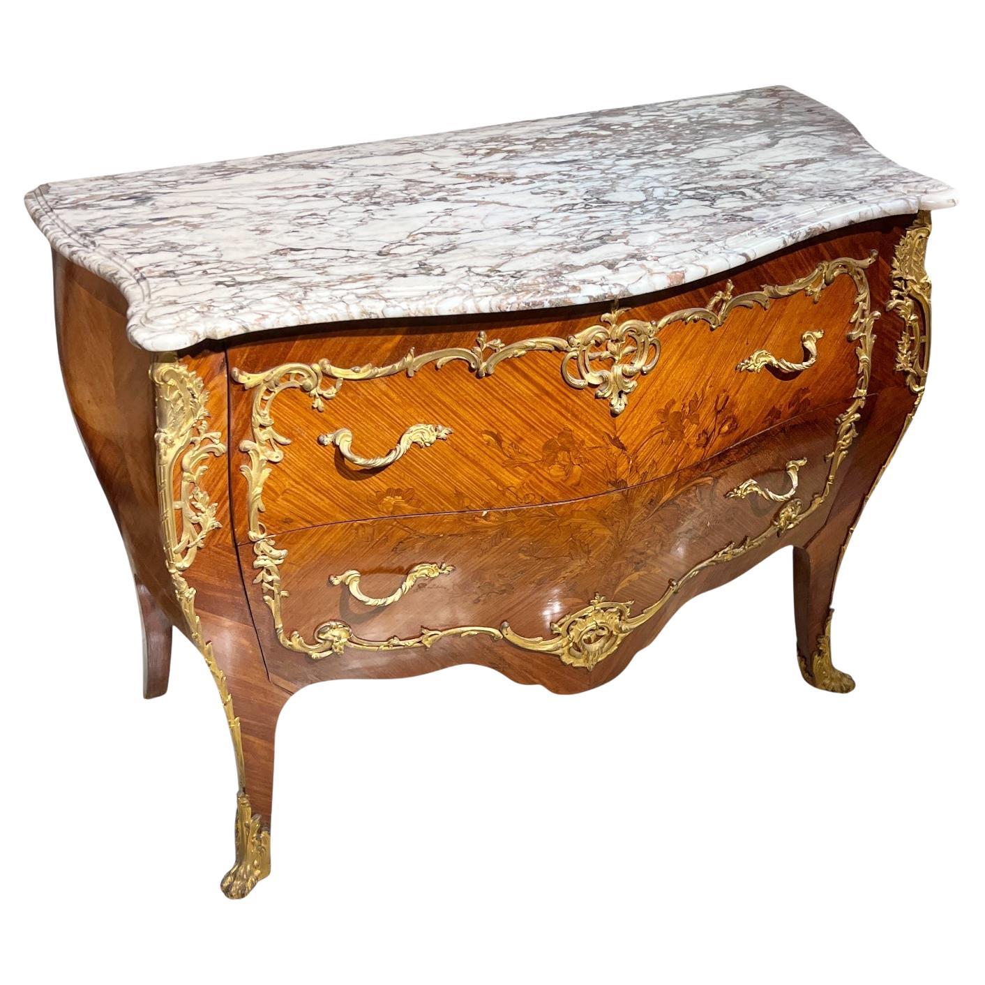 19th Century Fruitwood Marquetry Inlaid and Marble Commode in Louis XV Style