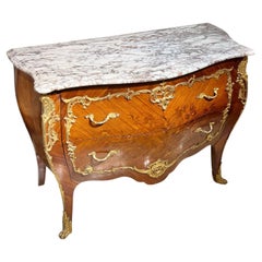 19th Century Fruitwood Marquetry Inlaid and Marble Commode in Louis XV Style